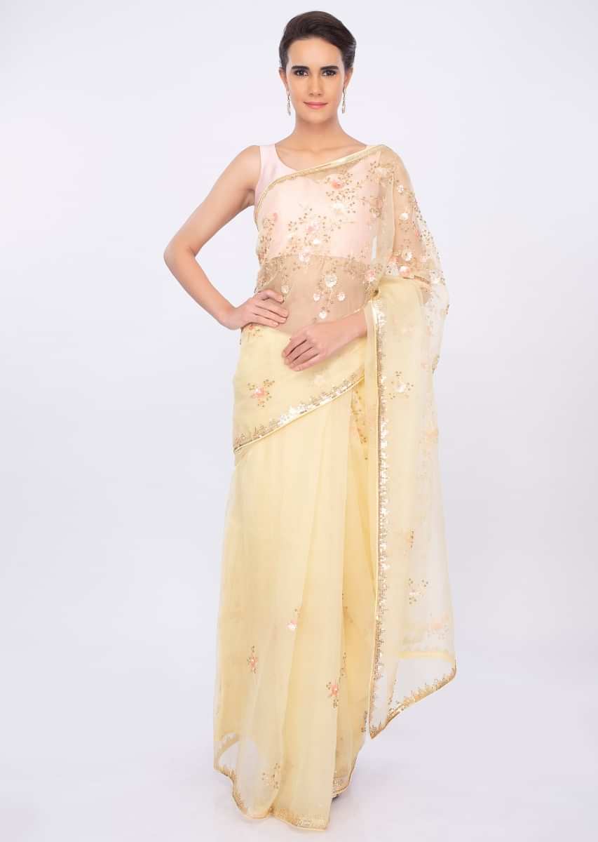 Lime yellow organza saree with embroidered pallo and border only on kalki