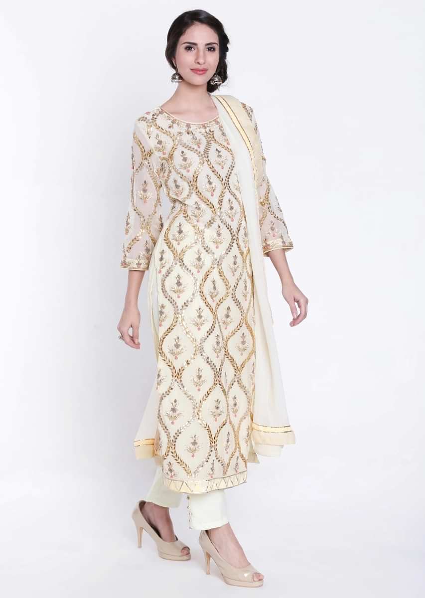 Lime Yellow Straight Suit With Gotta Patch Embroidered Buttis All Over Online - Kalki Fashion