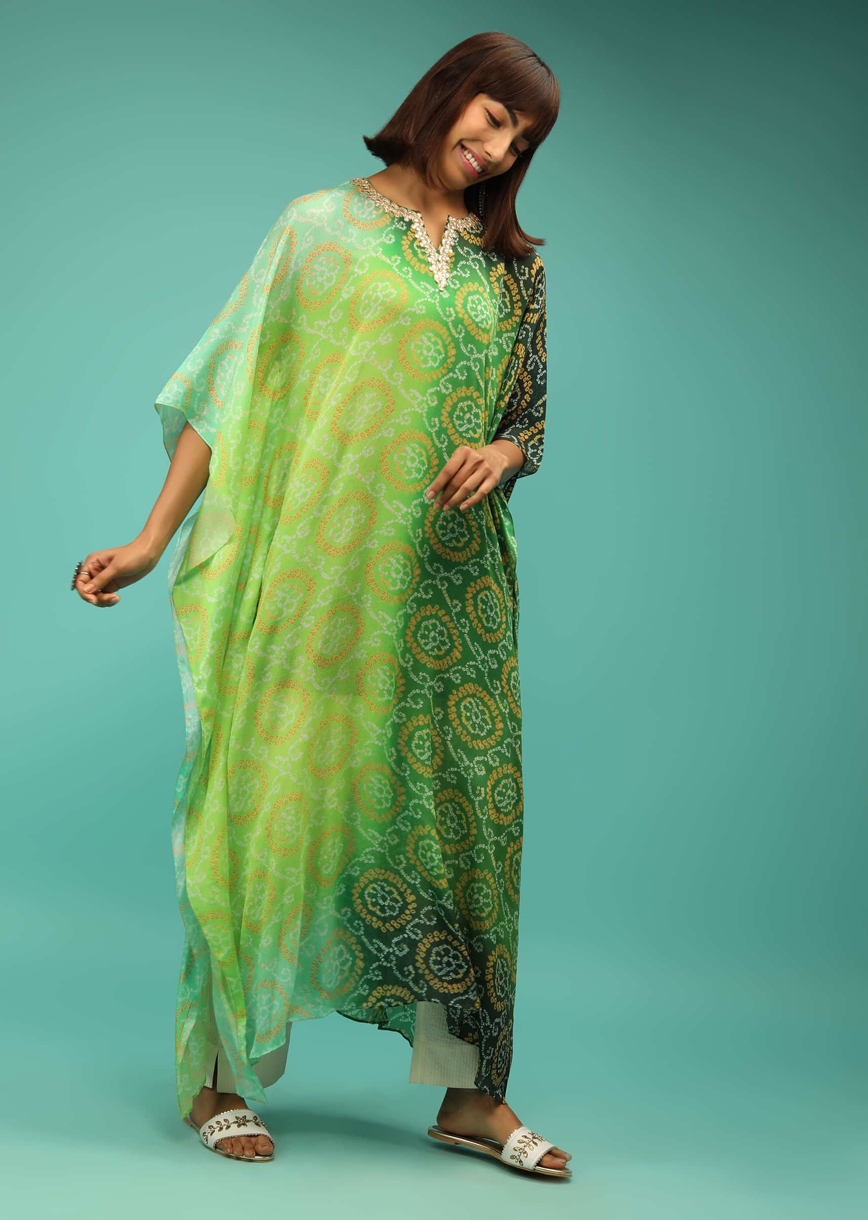 Lime Green And Dark Green Ombre Kaftan In Chiffon With Bandhani Print 