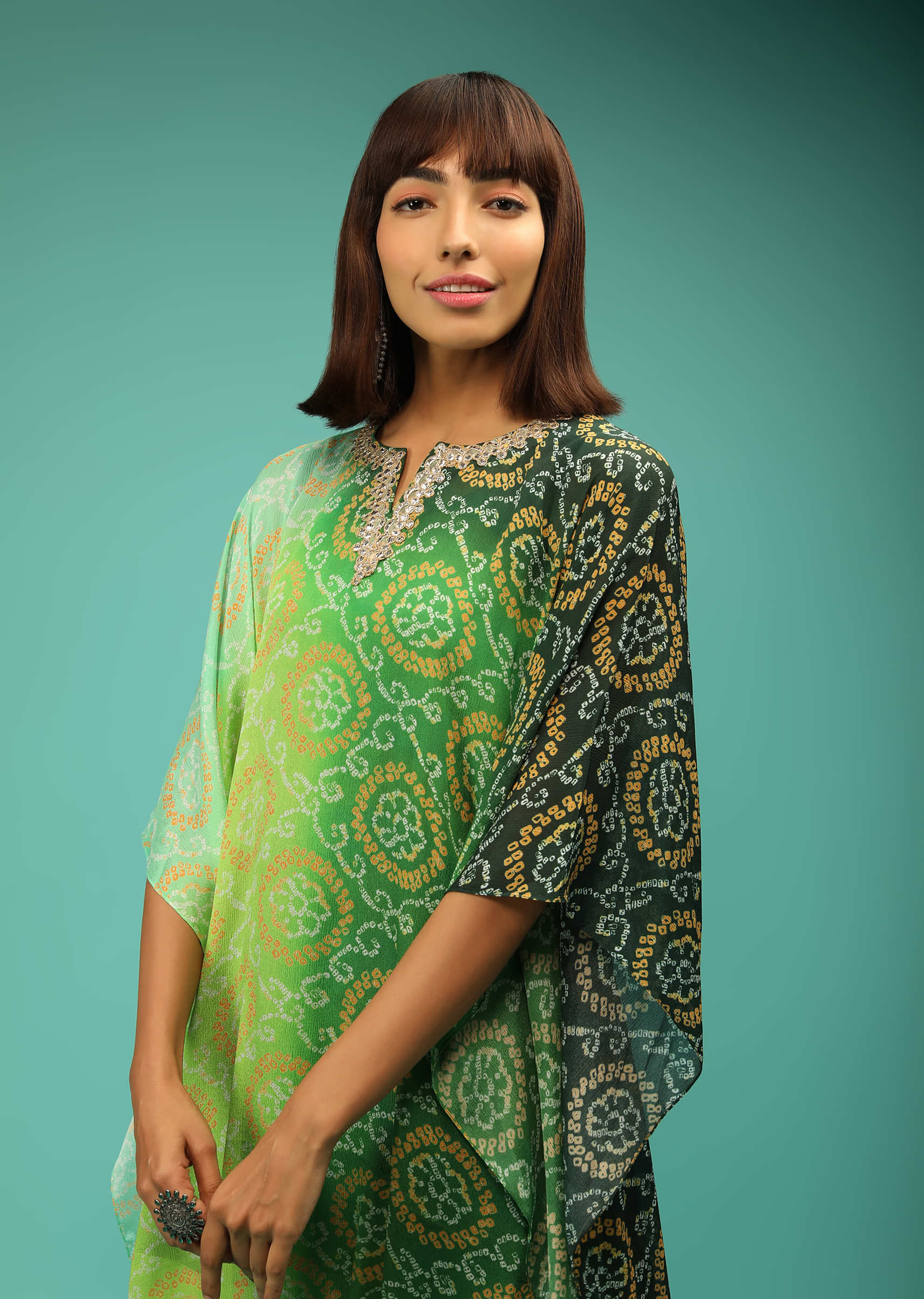 Lime Green And Dark Green Ombre Kaftan In Chiffon With Bandhani Print 