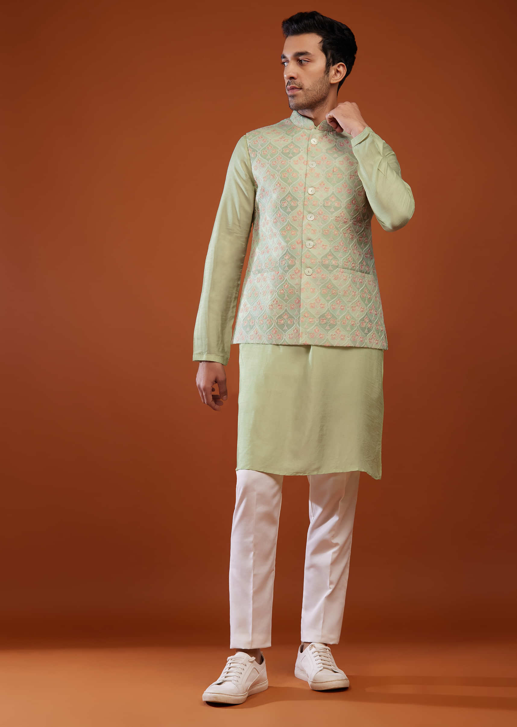 Pista Green Embroidered Bandi Jacket Set In Silk