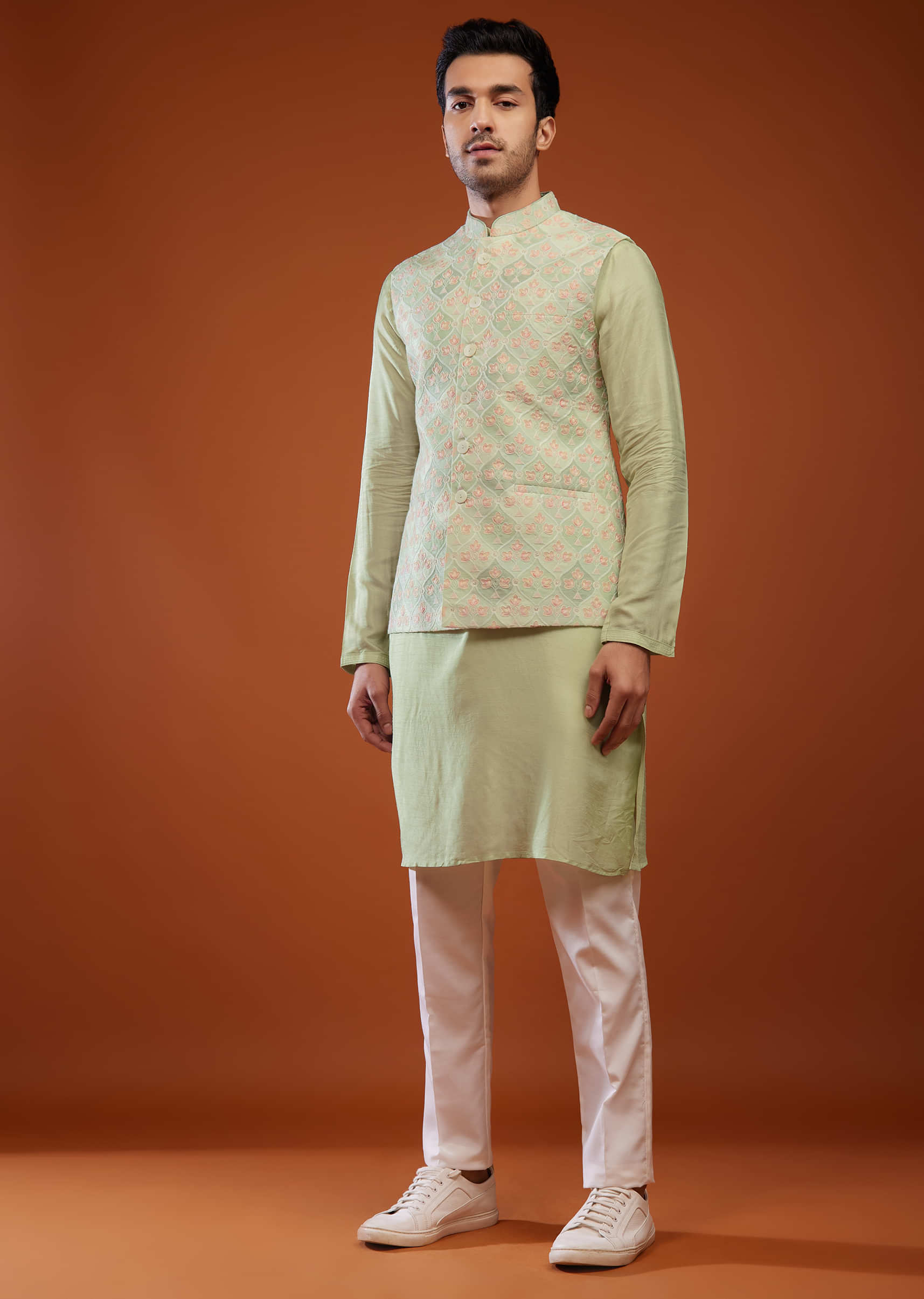 Pista Green Embroidered Bandi Jacket Set In Silk