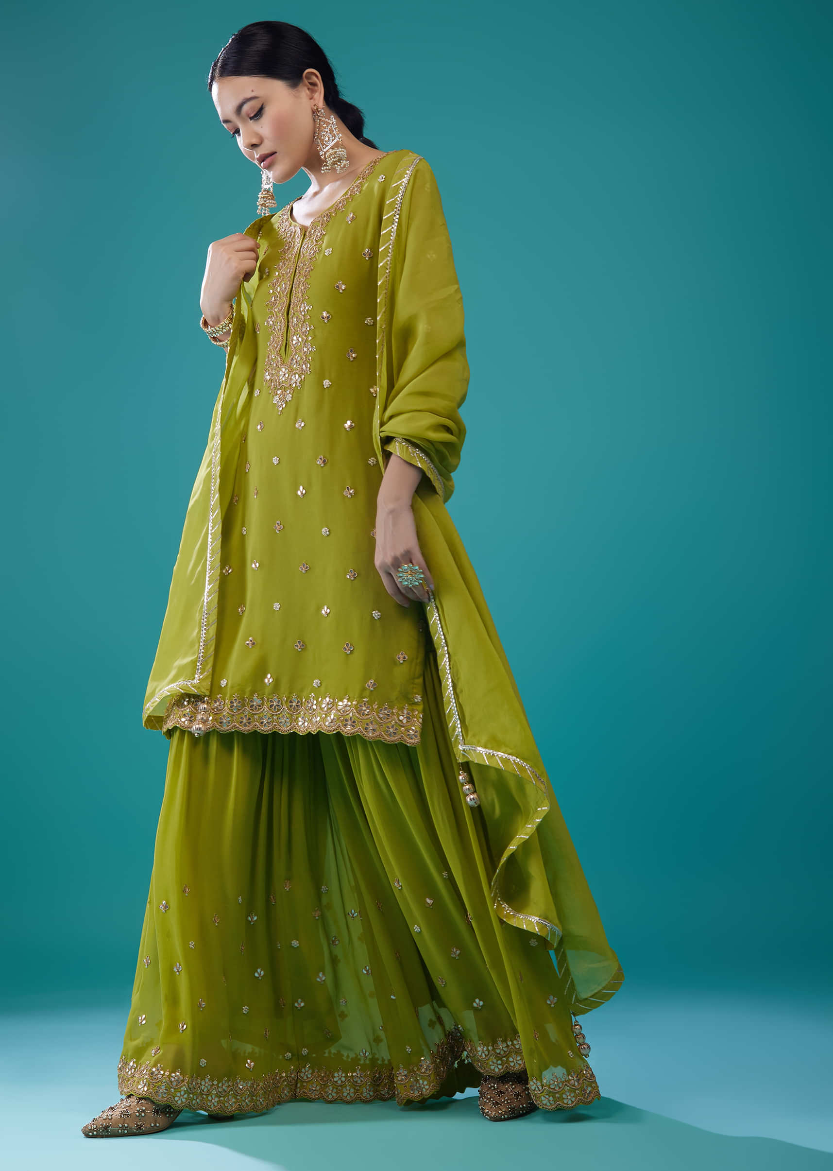 Lime Green Embroidered Sharara Set In Georgette