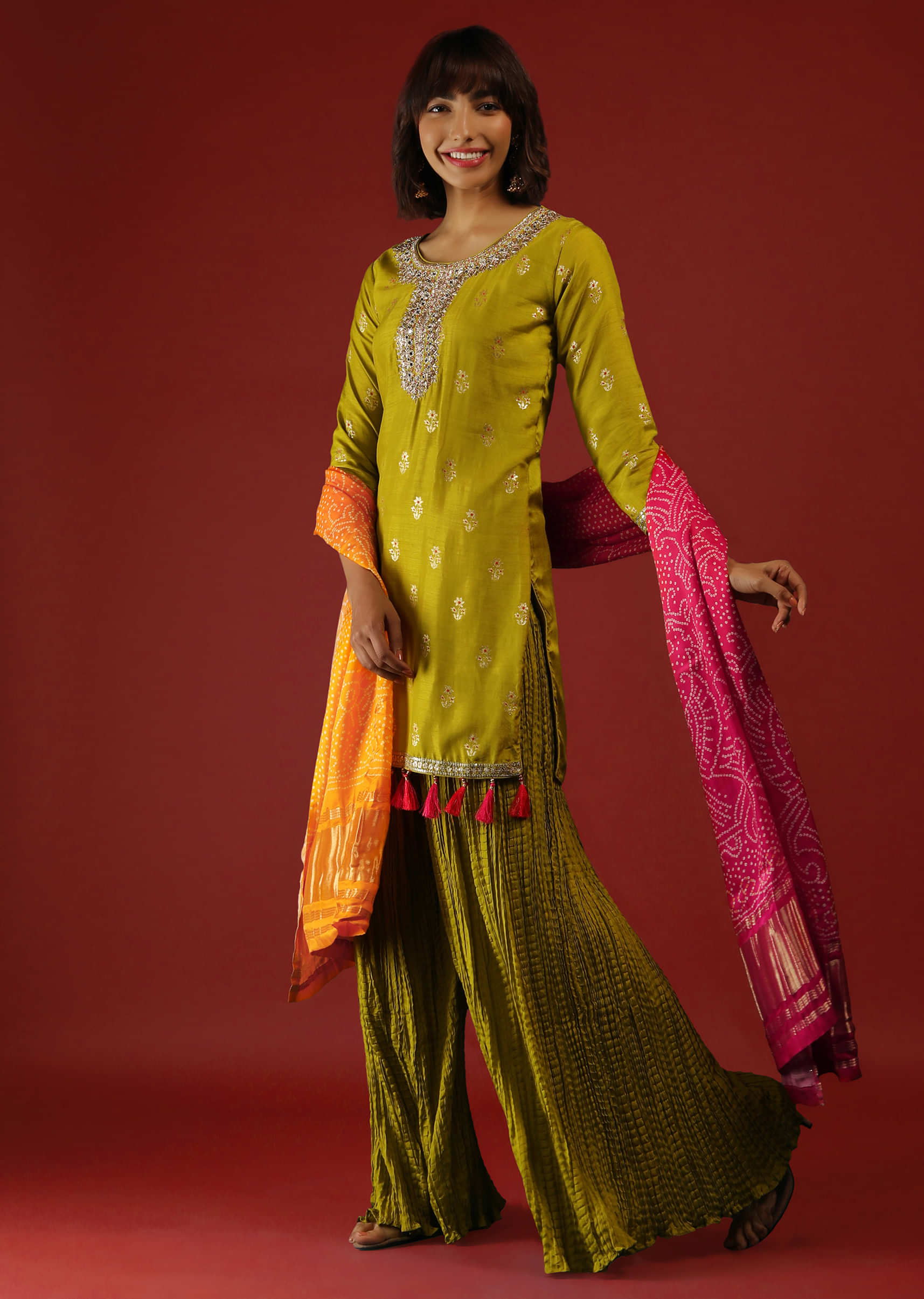 Lime Green Palazzo Suit With Woven Floral Buttis And Contrasting Shaded Bandhani Dupatta  