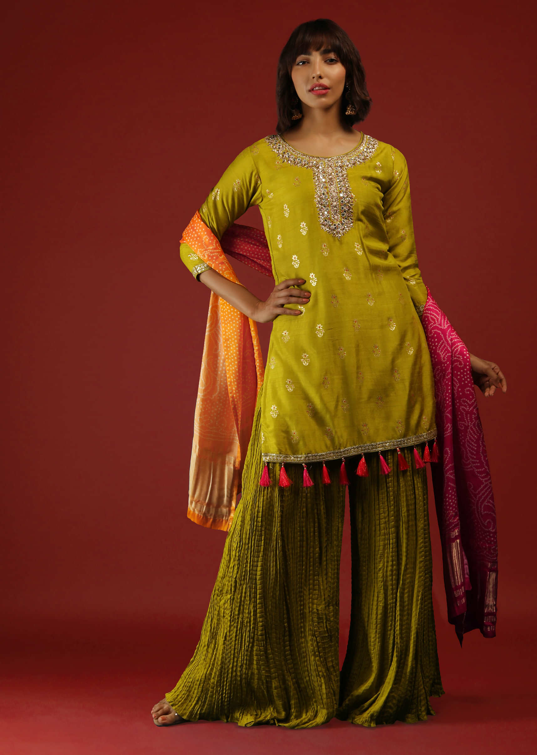 Lime Green Palazzo Suit With Woven Floral Buttis And Contrasting Shaded Bandhani Dupatta  