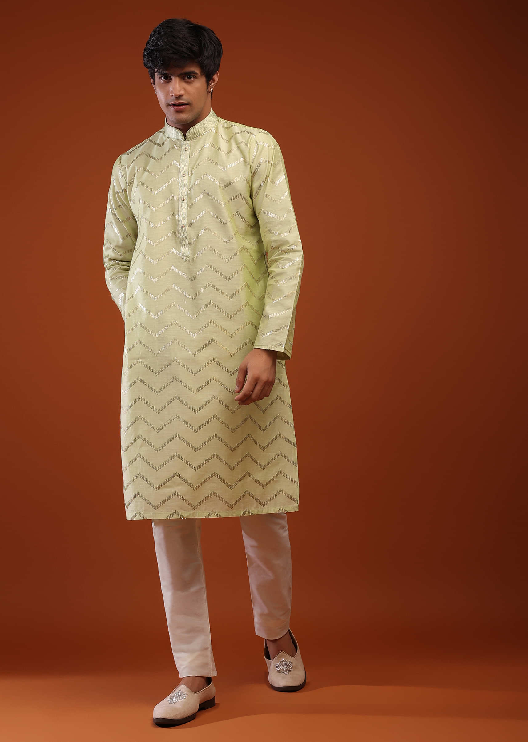 Lime Green Raw Silk Kurta Set With Sequins Embroidery,  Front Stone Buttons Closure And High Collar Neckline