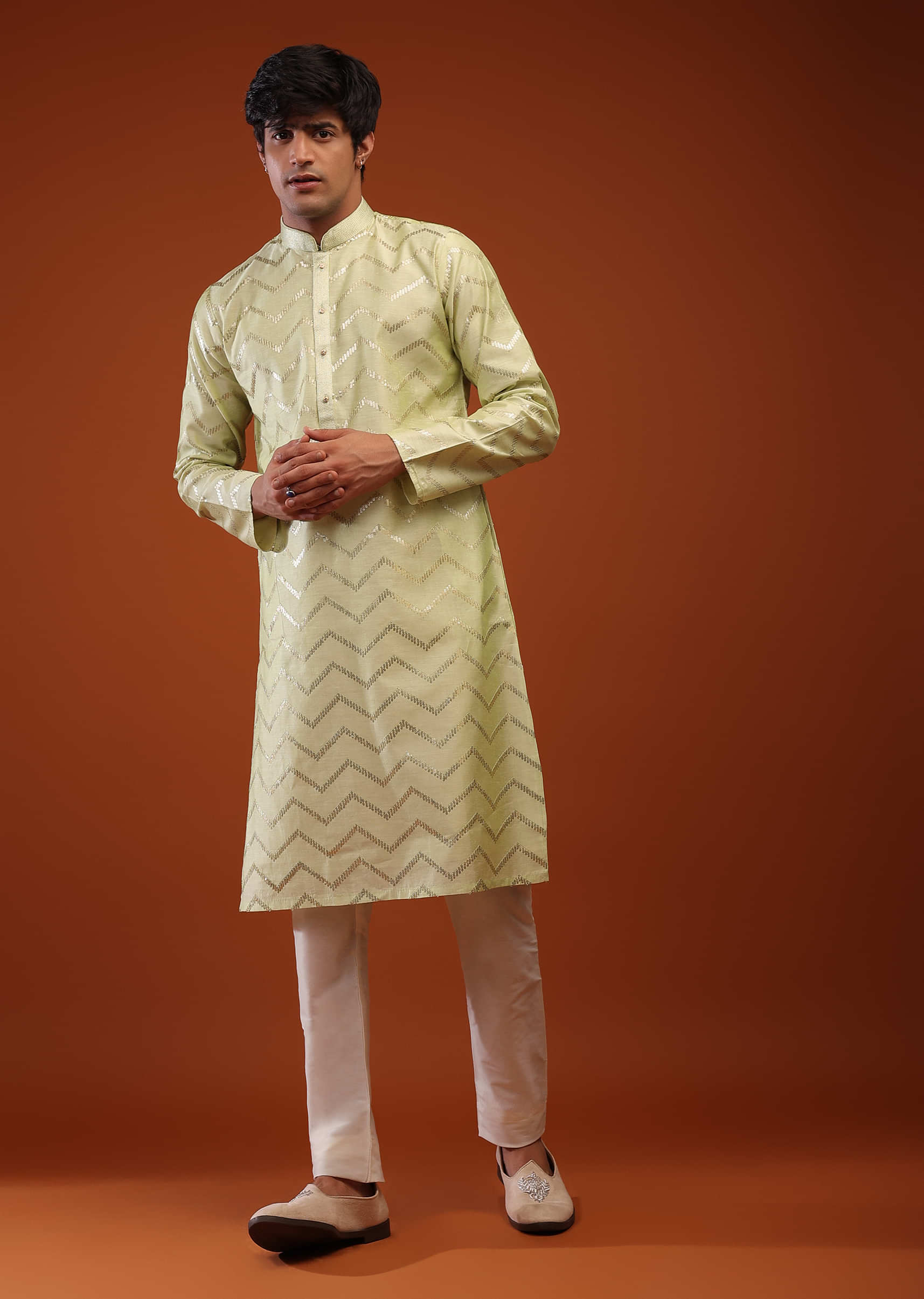 Lime Green Raw Silk Kurta Set With Sequins Embroidery,  Front Stone Buttons Closure And High Collar Neckline