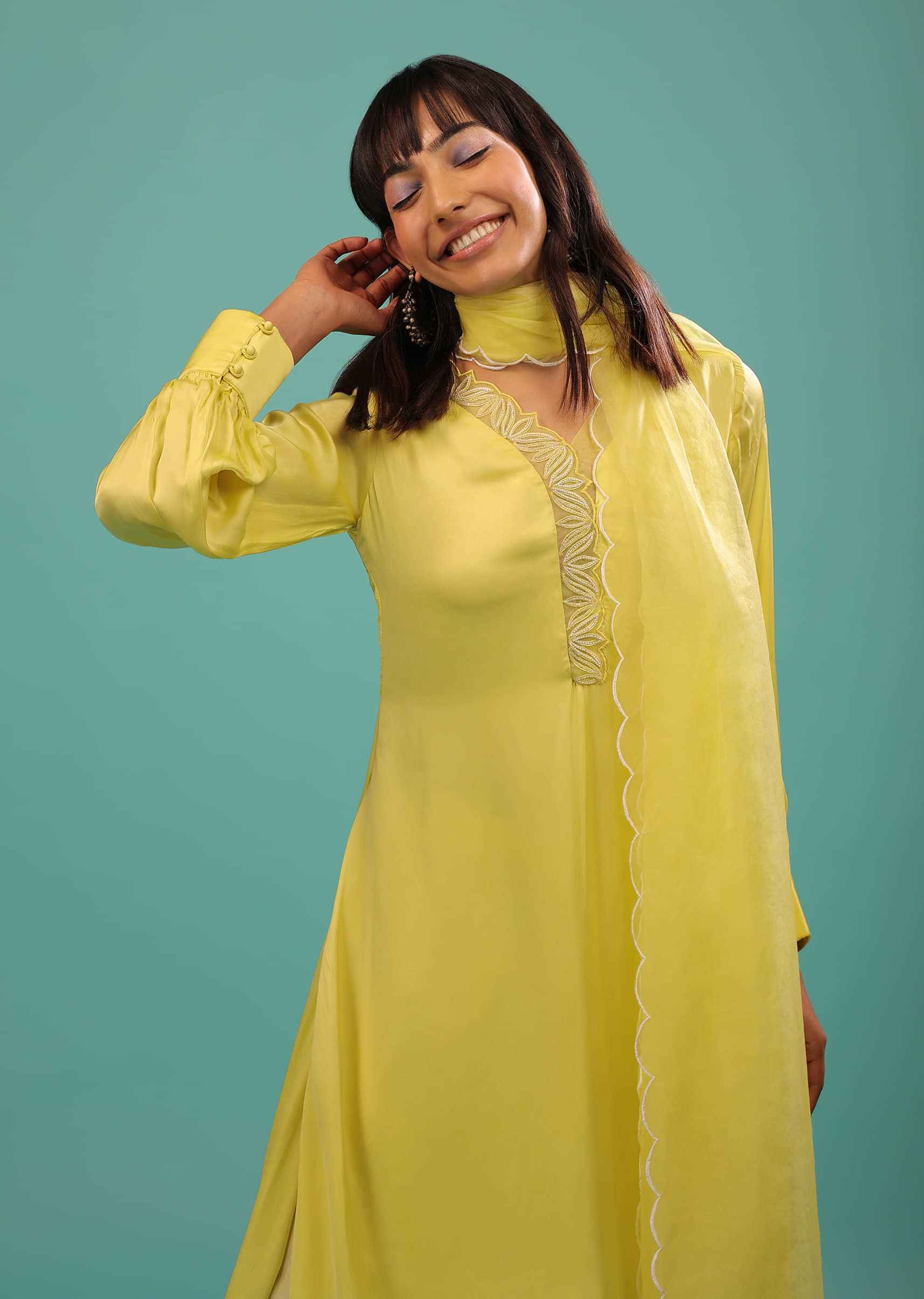 Lime Yellow Bemberg Silk A Line Suit In Organza