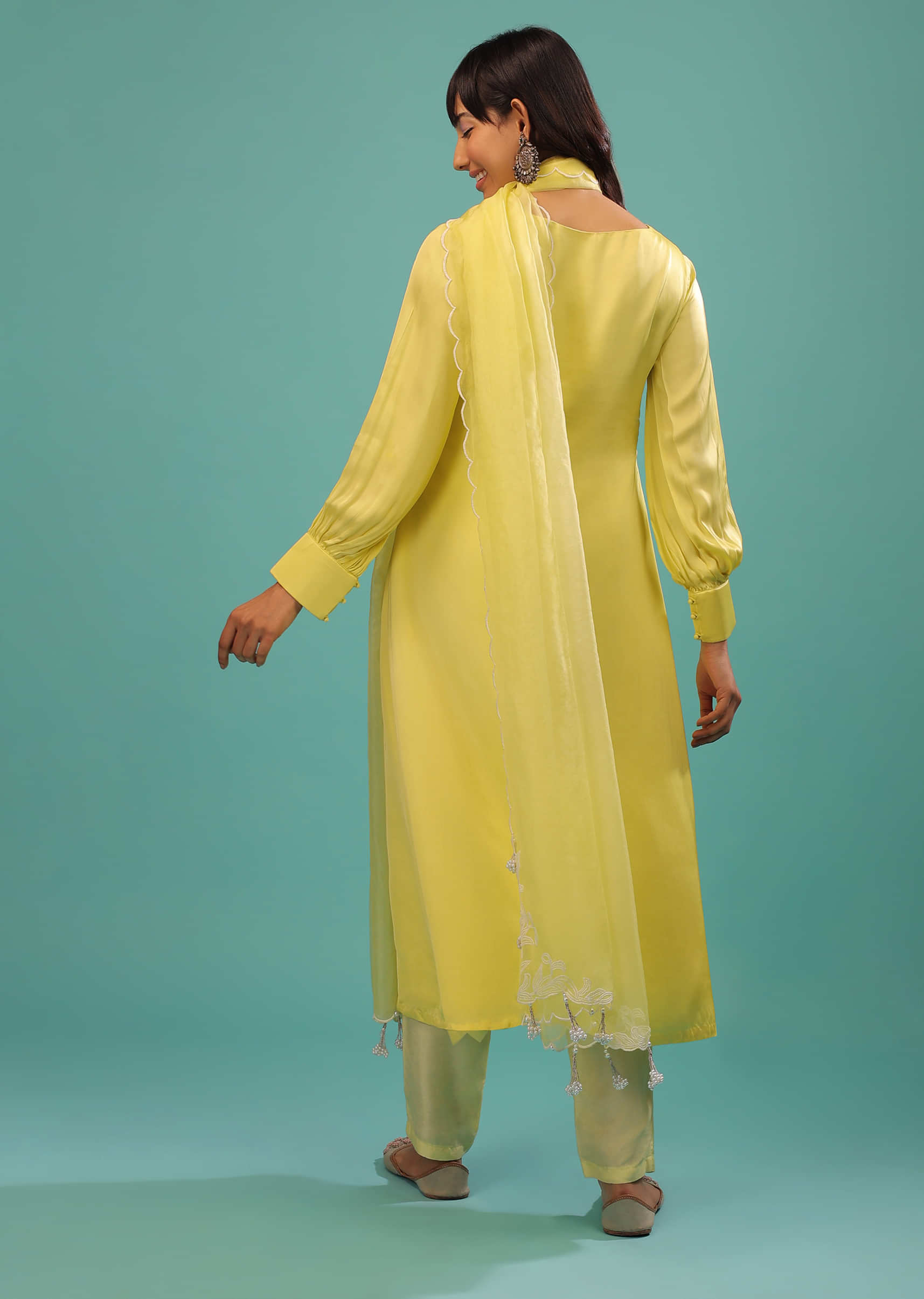 Lime Yellow Bemberg Silk A Line Suit In Organza