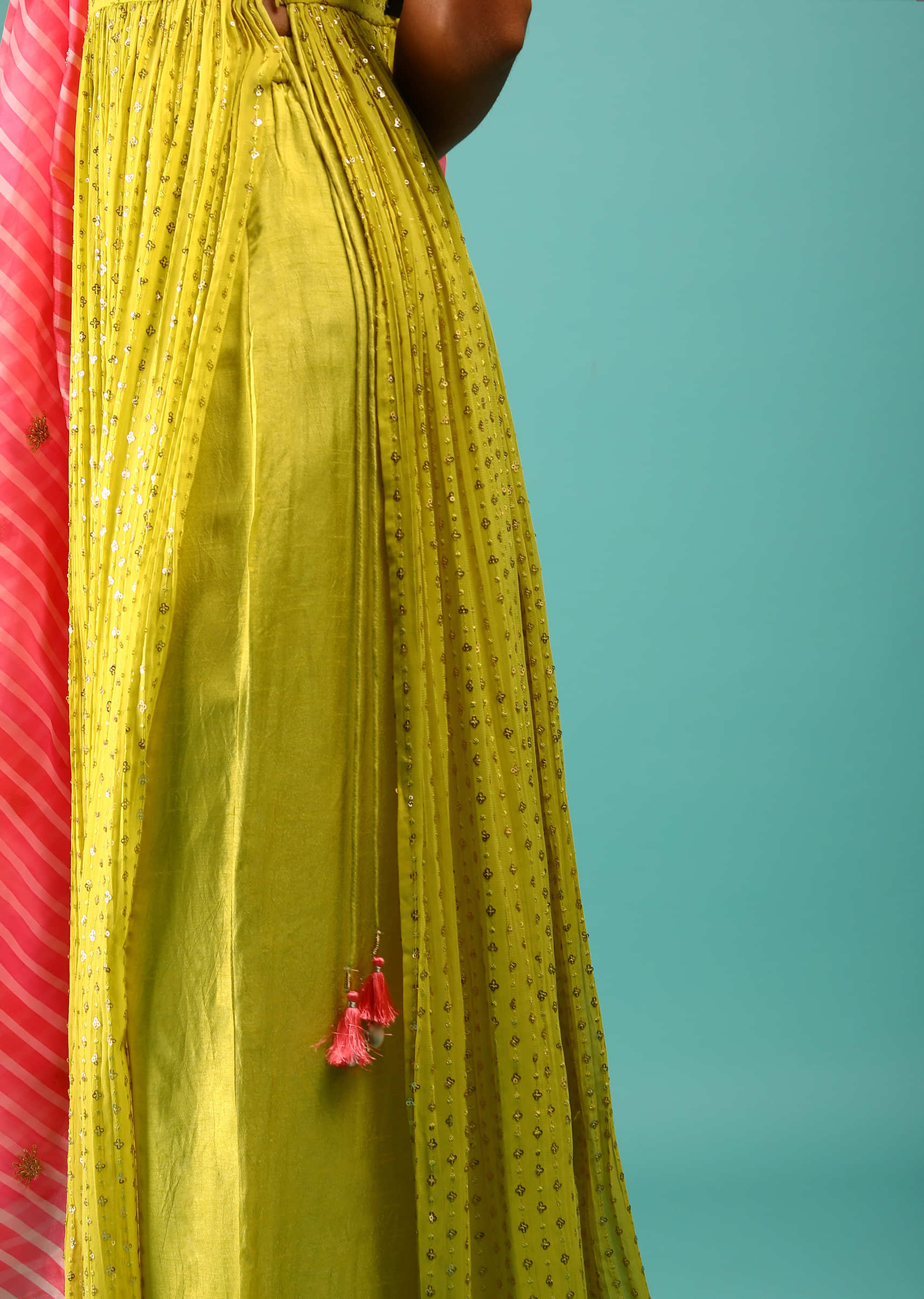 Lime Yellow Palazzo Suit With Sequins Embroidery And Fuchsia Lehariya Dupatta