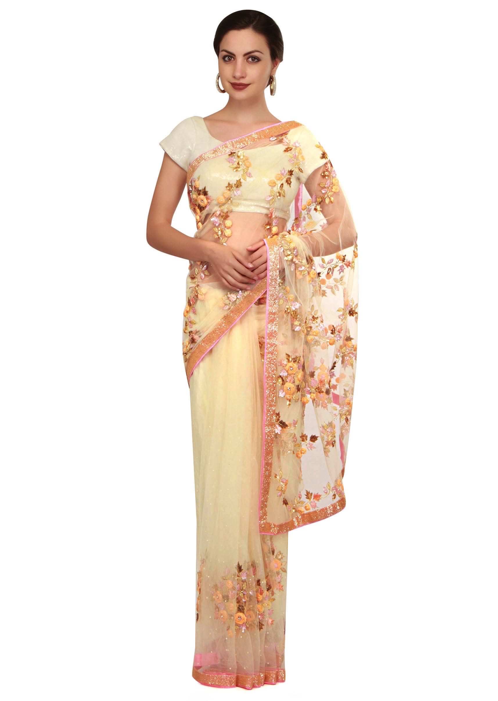 Lime yellow saree in 3D flower and sequin butti only on Kalki