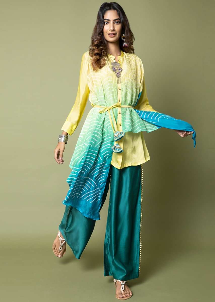 Limon Yellow Shirt With Attached Turquoise Ombré Bandhani Drape And Pleated Turquoise Palazzo Pants  