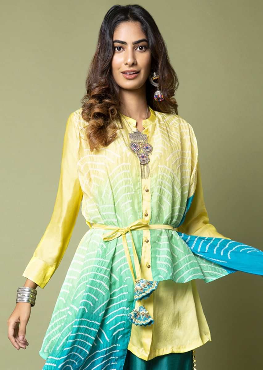 Limon Yellow Shirt With Attached Turquoise Ombré Bandhani Drape And Pleated Turquoise Palazzo Pants  