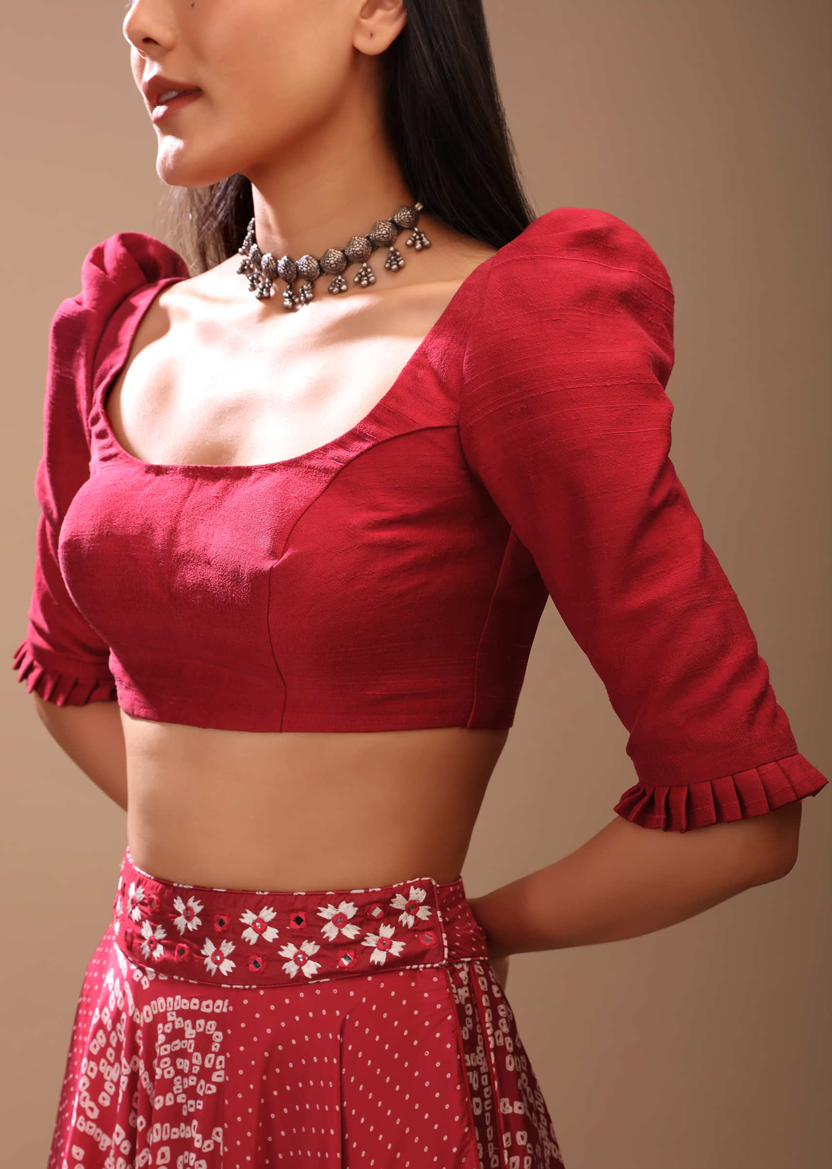 Lipstick Red Blouse In Raw Silk With Puff Shoulders And Half Sleeves