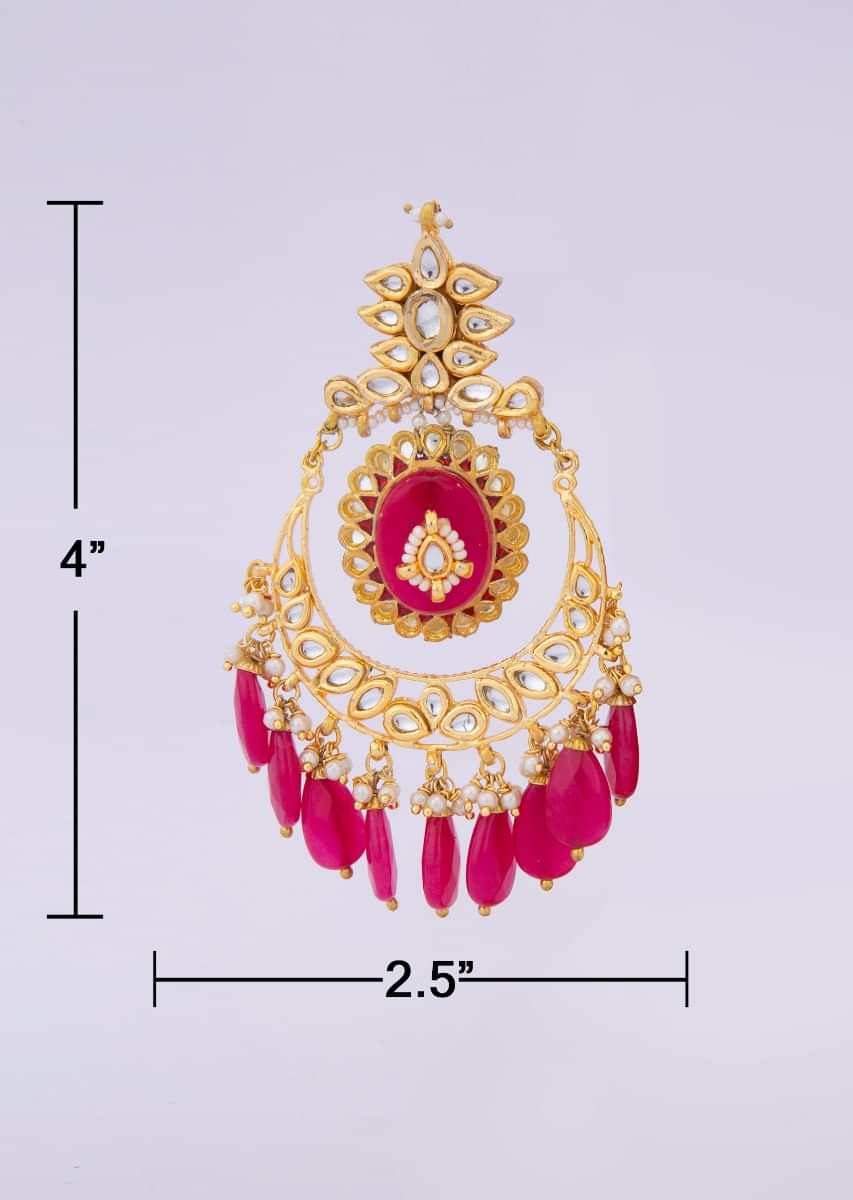 Long chandelier chandbali earring adorn with pink stone, kundan and nano moti beads only on kalki