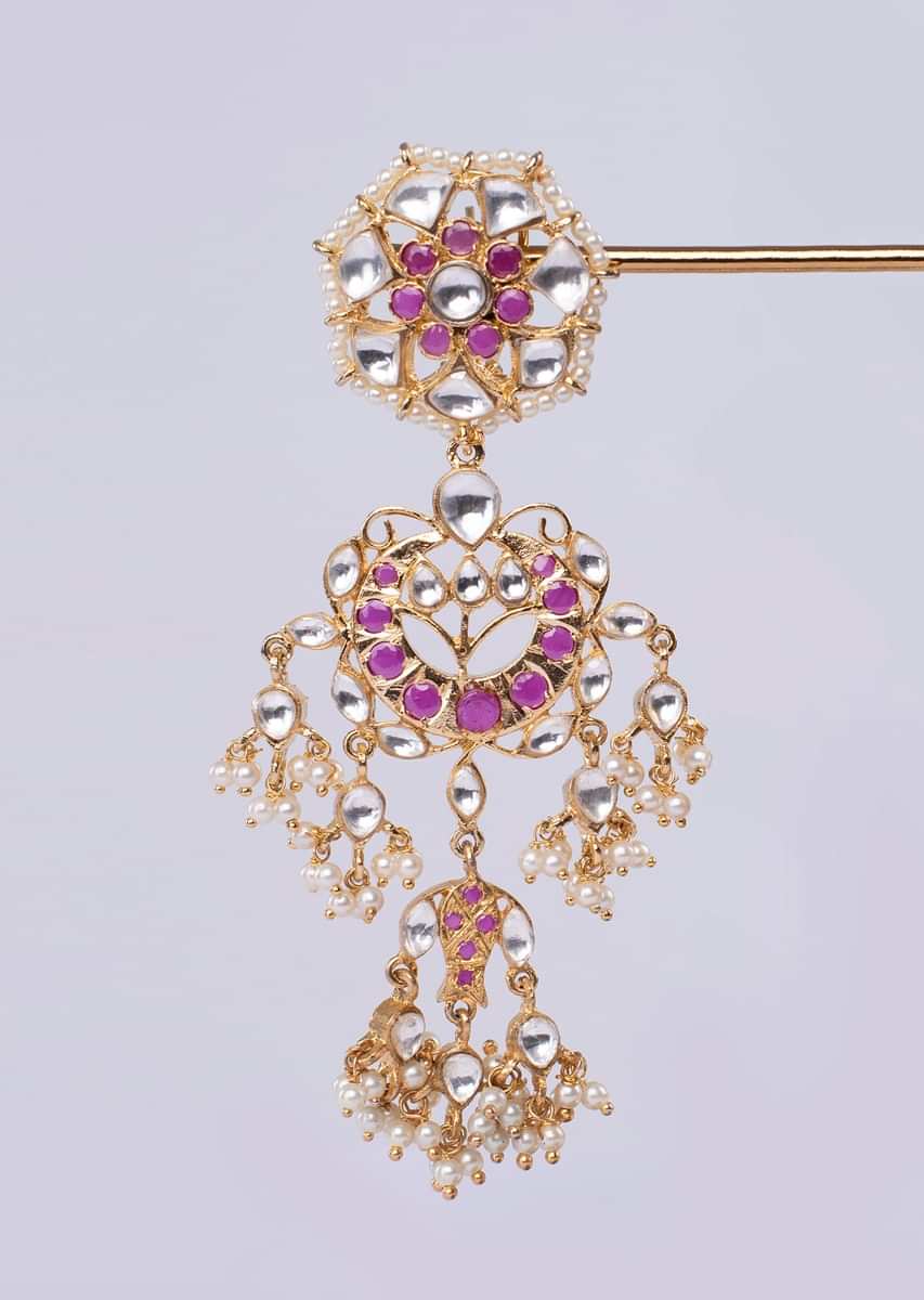 Long chandelier earring with fuchsia pink stone only on Kalki