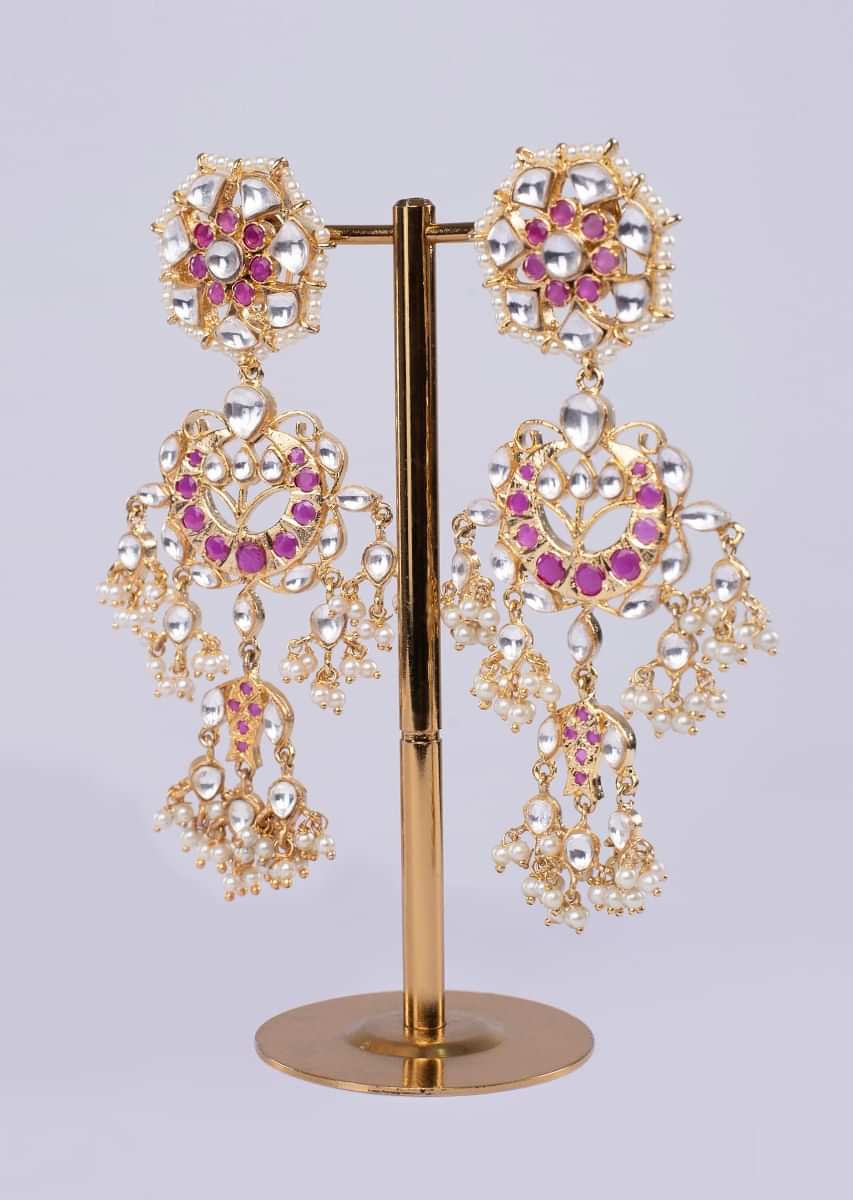 Long chandelier earring with fuchsia pink stone only on Kalki
