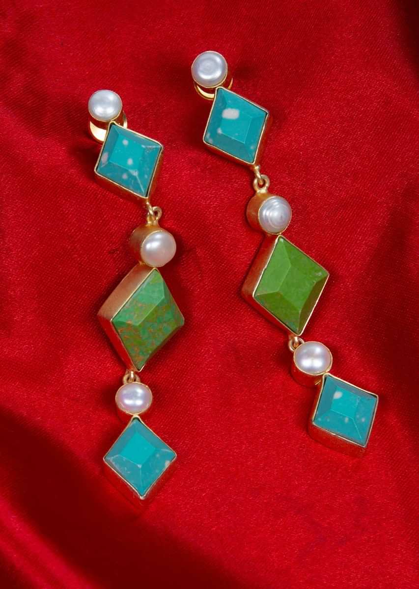 Long drop earring adorn with green and blue semi precious stone only on kalki