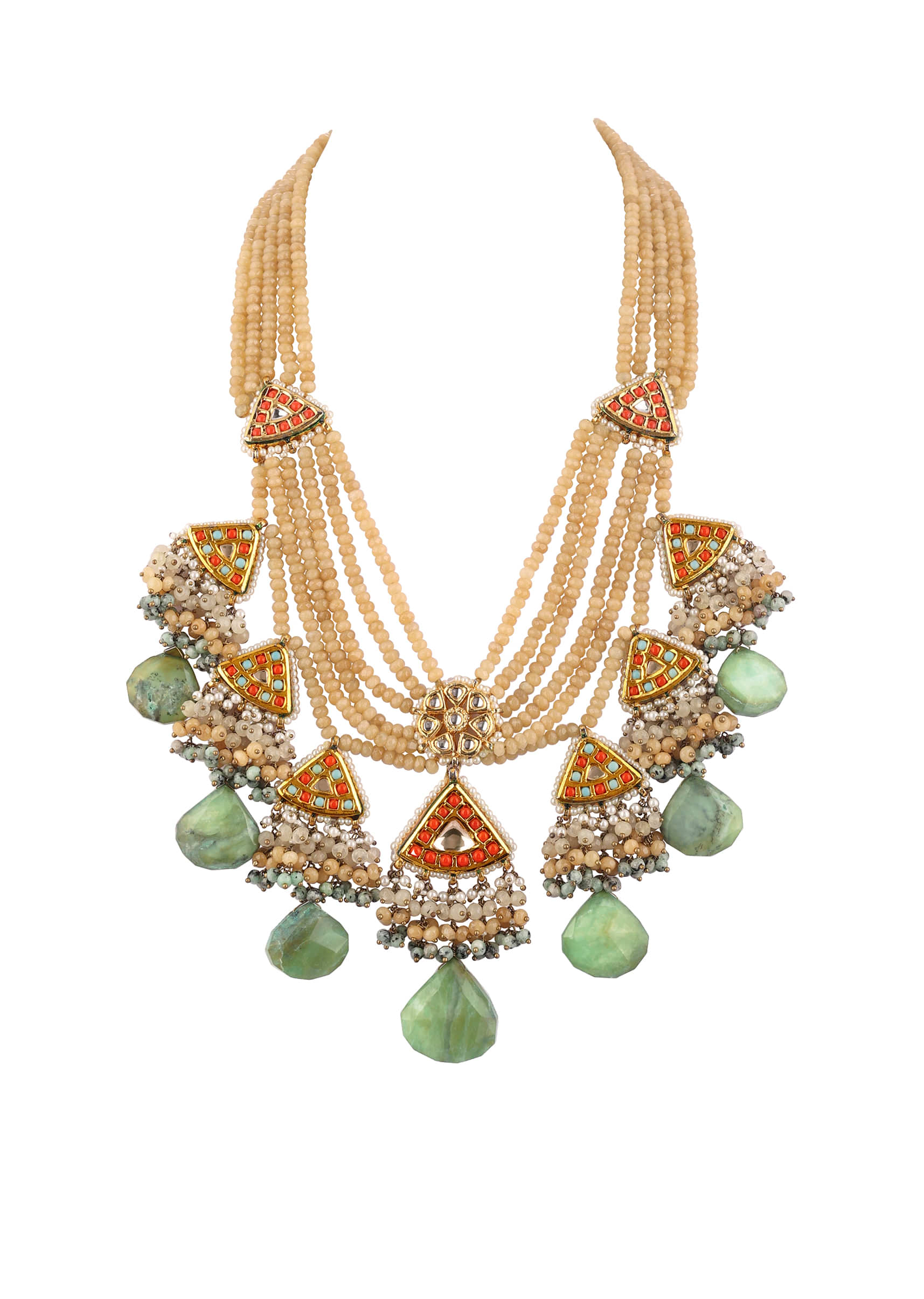 Earthy Beaded Necklace With Multi Colored Stones And Dangling Green Drops 