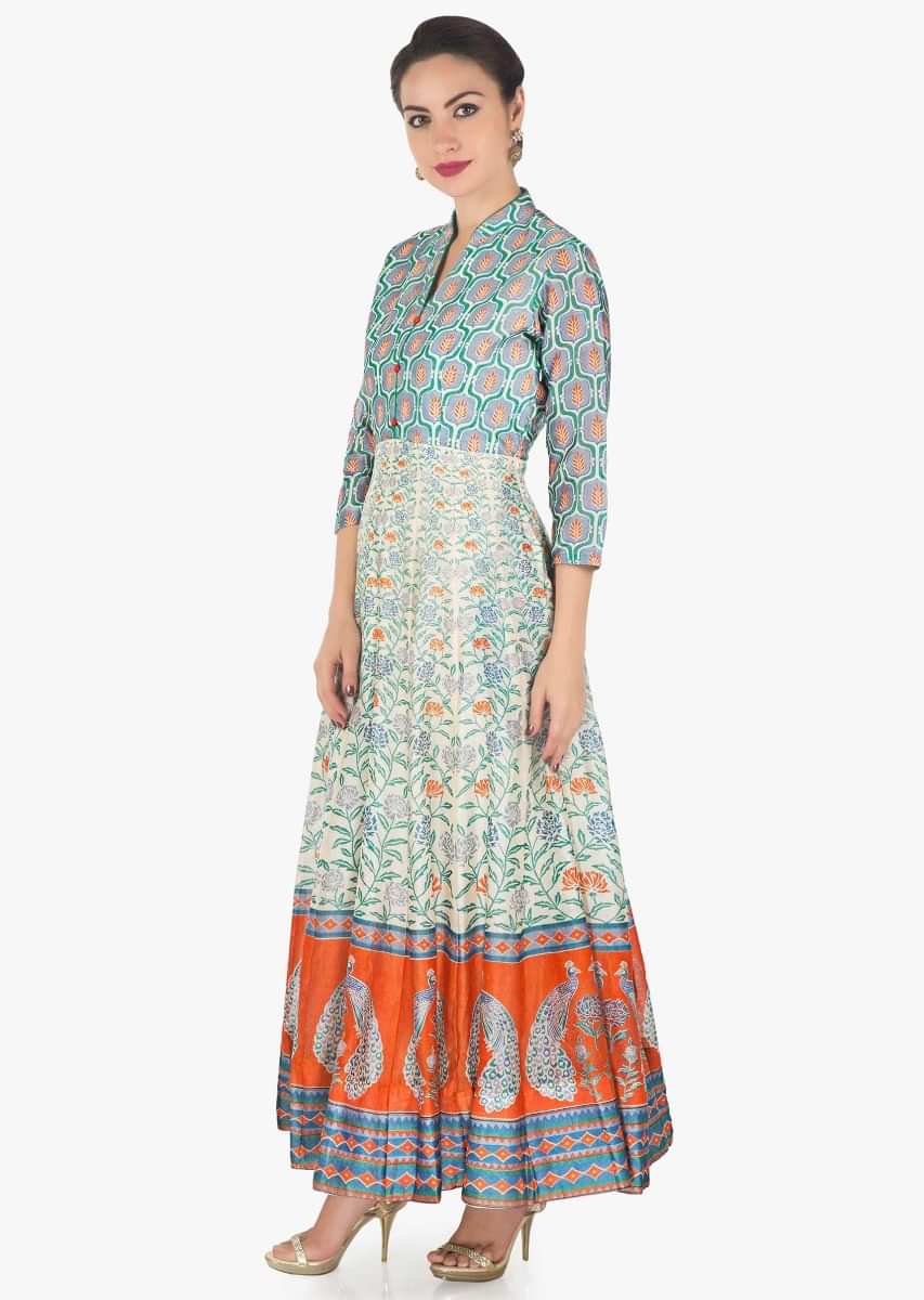 Long Dress In Cotton Silk With Multi Color Print Online - Kalki Fashion