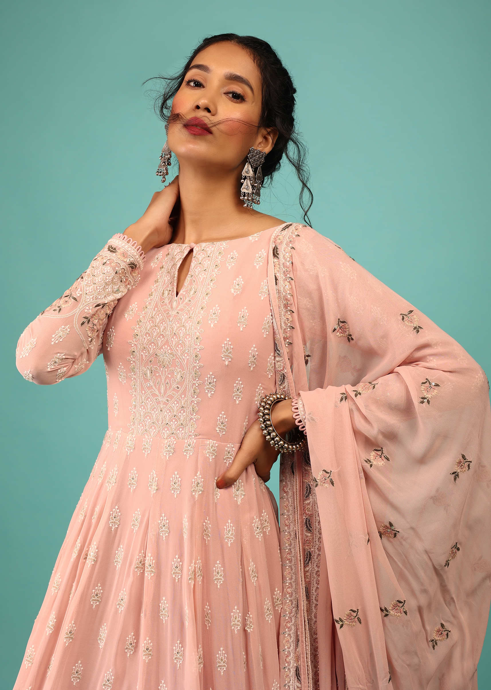 Powder Pink Anarkali Suit In Georgette With Floral Embroidery
