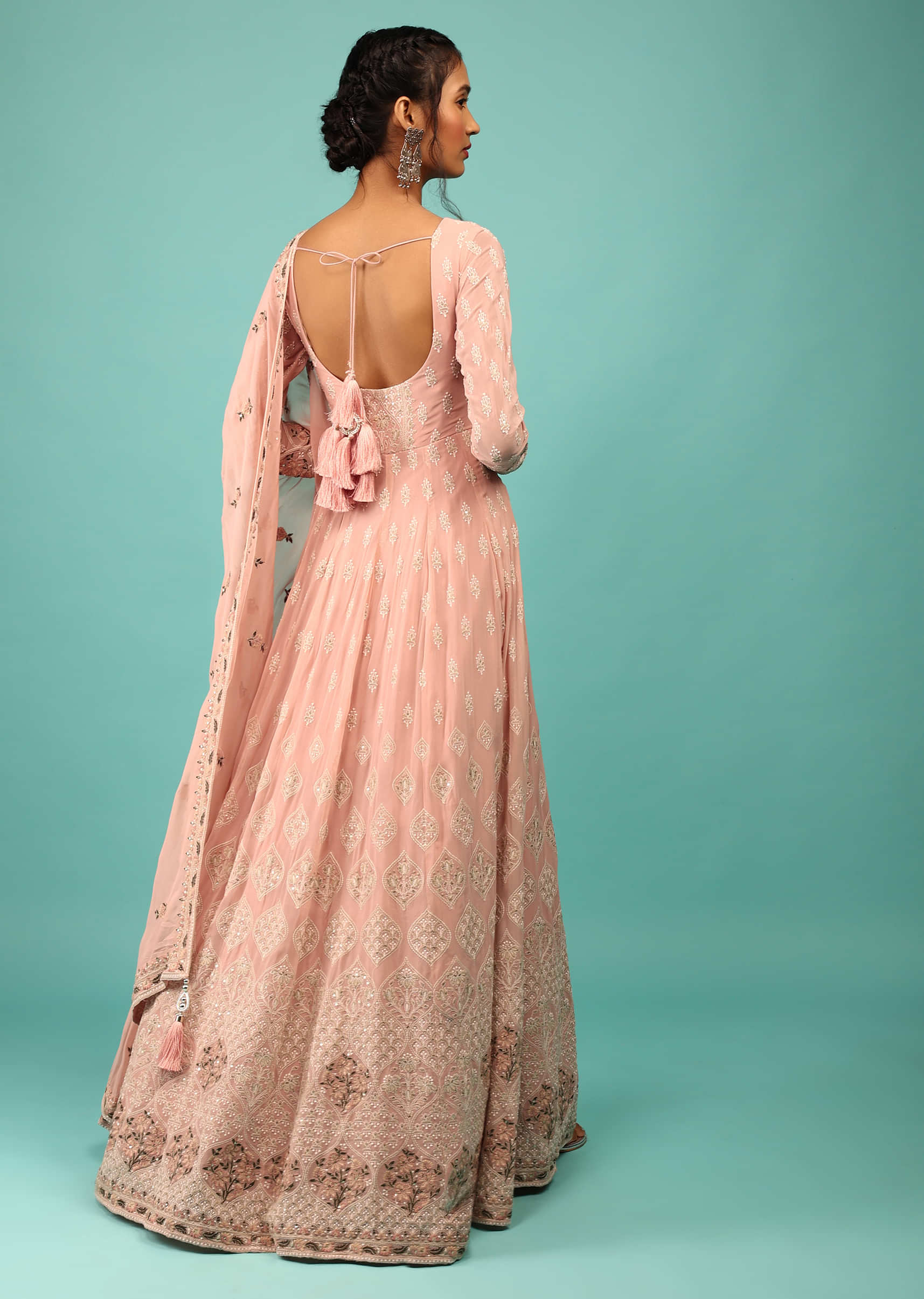 Powder Pink Anarkali Suit In Georgette With Floral Embroidery