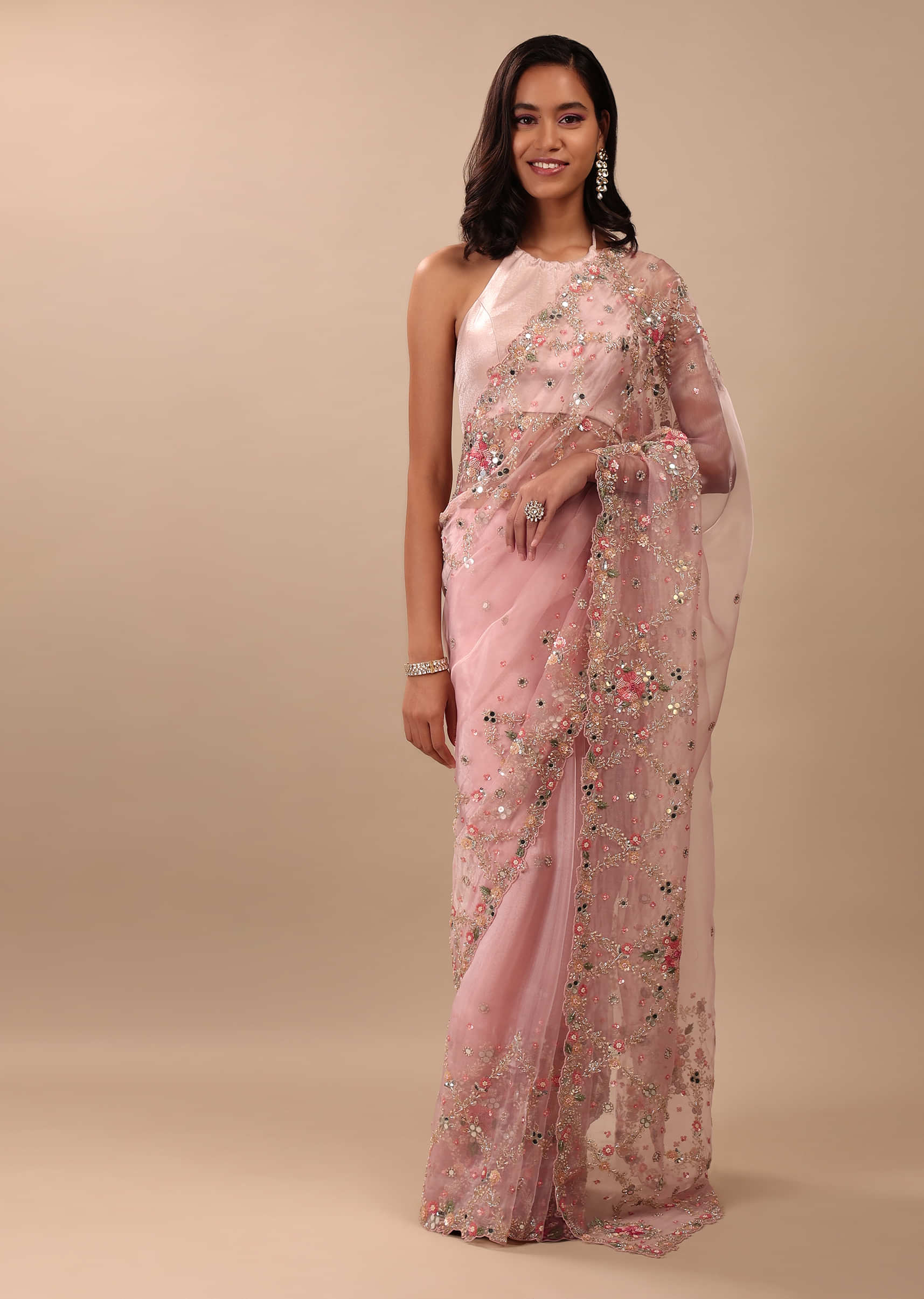 Lotus Pink Saree In Organza With Floral & Mirror Embroidery
