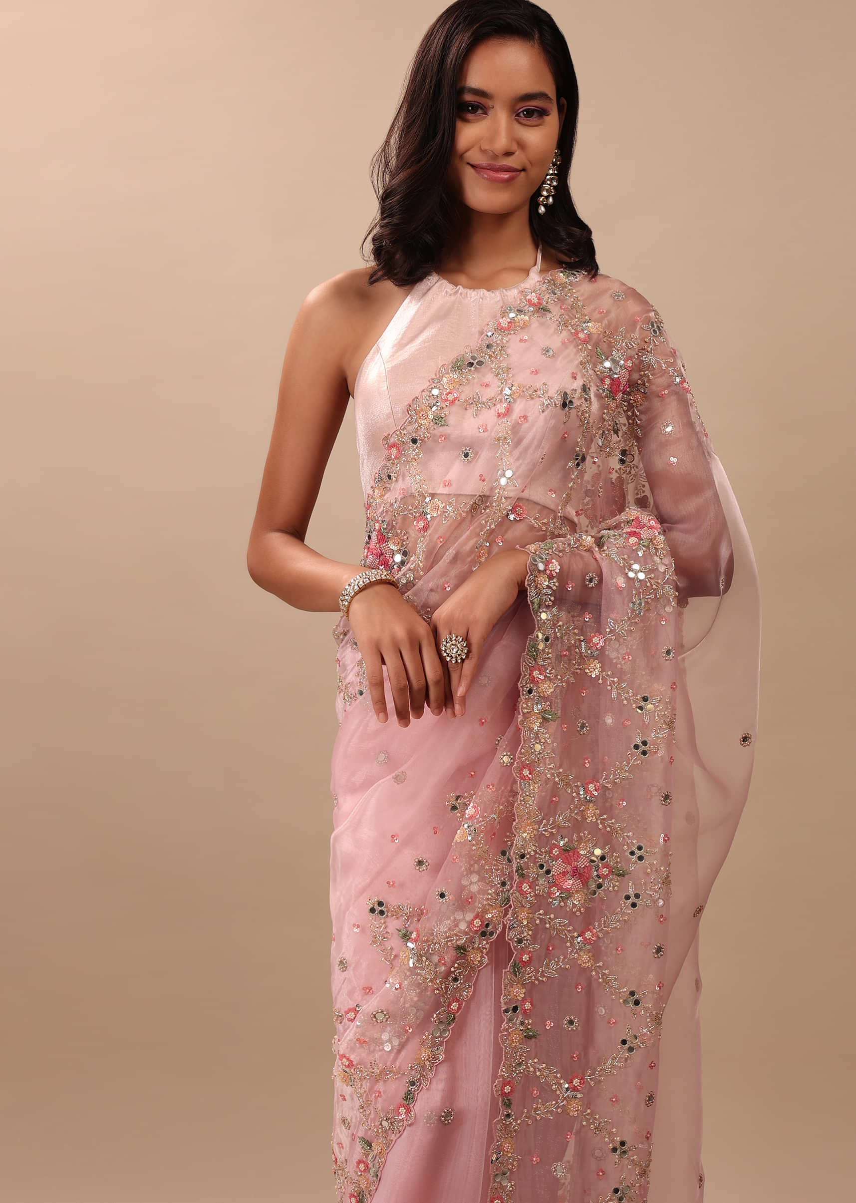Blush Pink Saree In Organza With Floral & Mirror Embroidery