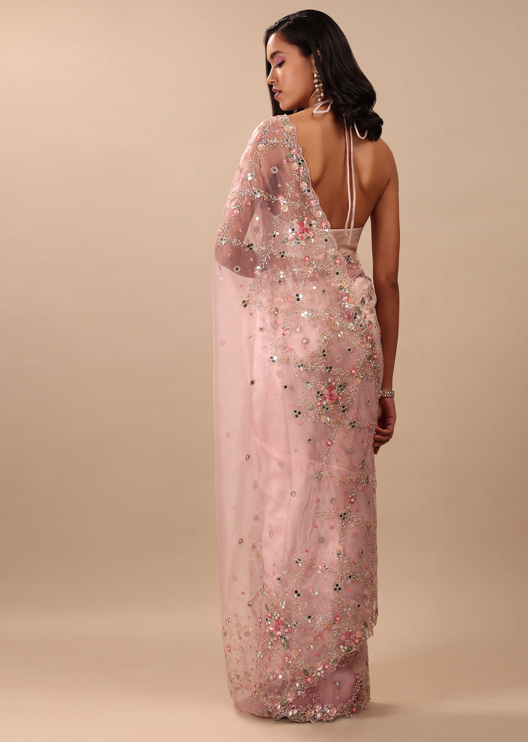 Blush Pink Saree In Organza With Floral & Mirror Embroidery
