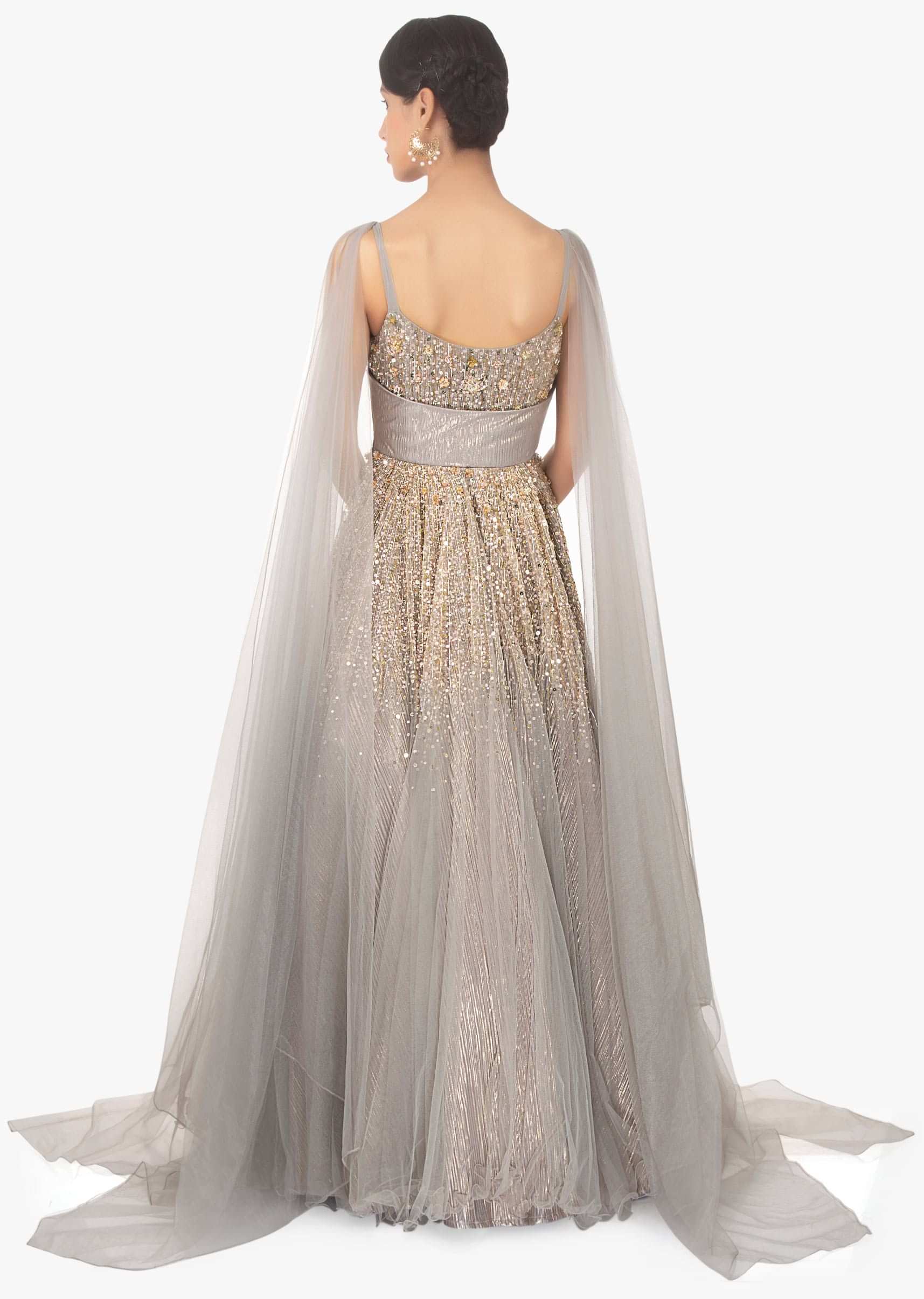 Low line net gown with embellished bodice and waistline