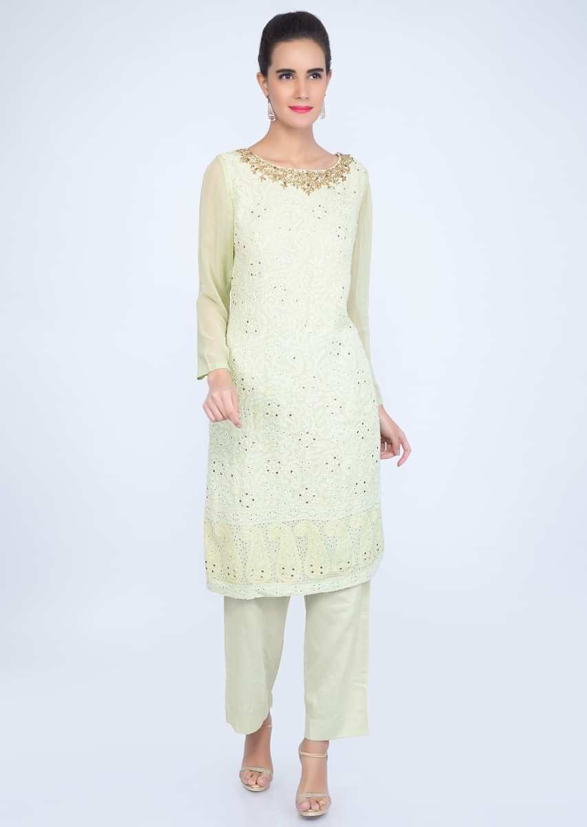 Buy Light Pista Suit In Georgette With Lucknowi Embroidery And ...