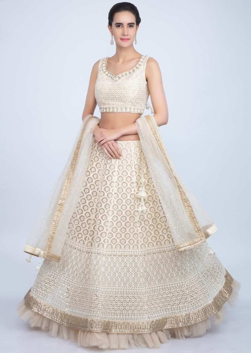 Cream Lehenga Set With Lucknowi Embroidery And Net Ruching