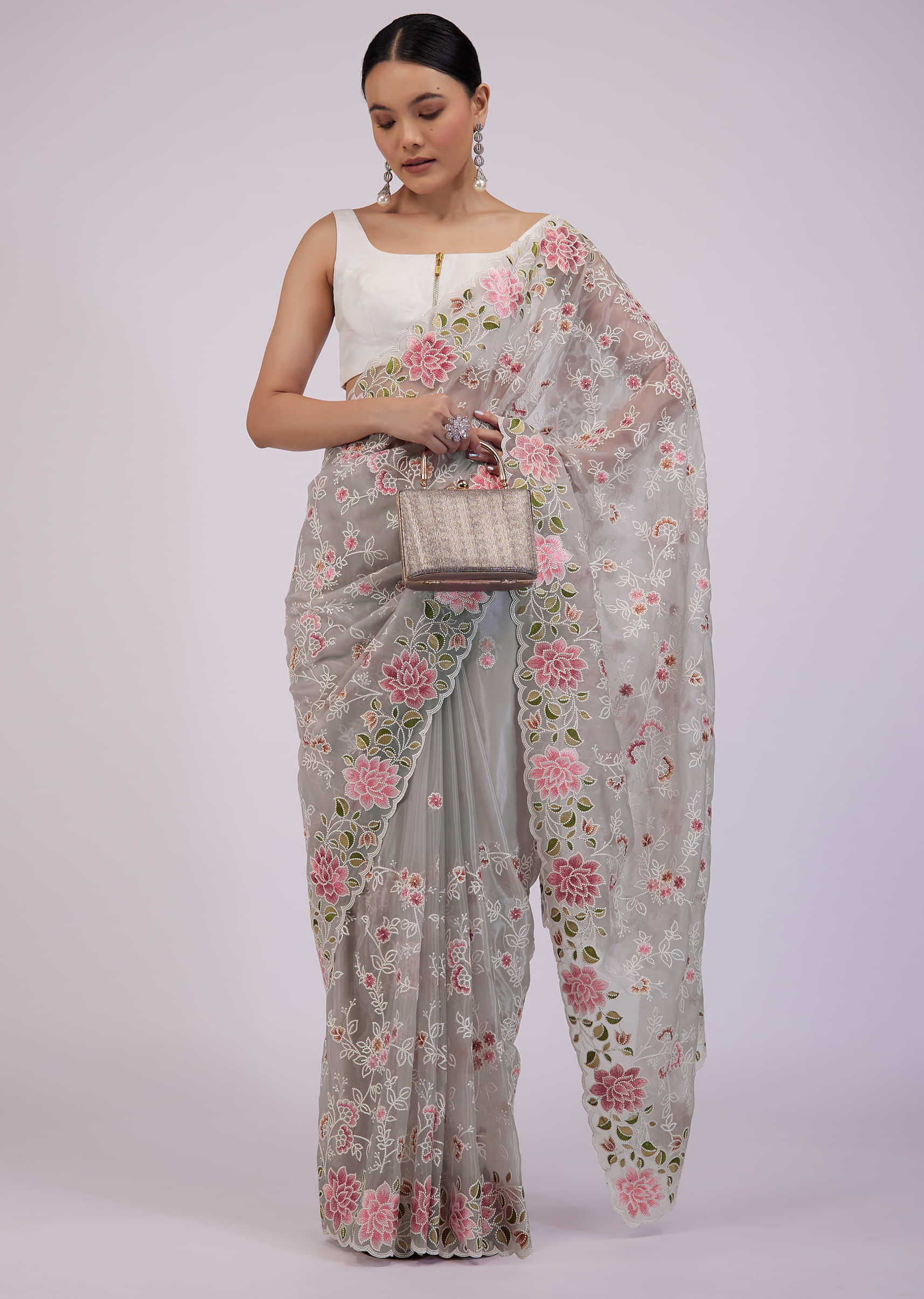 Cloud Grey Saree In Organza With Floral Embroidery