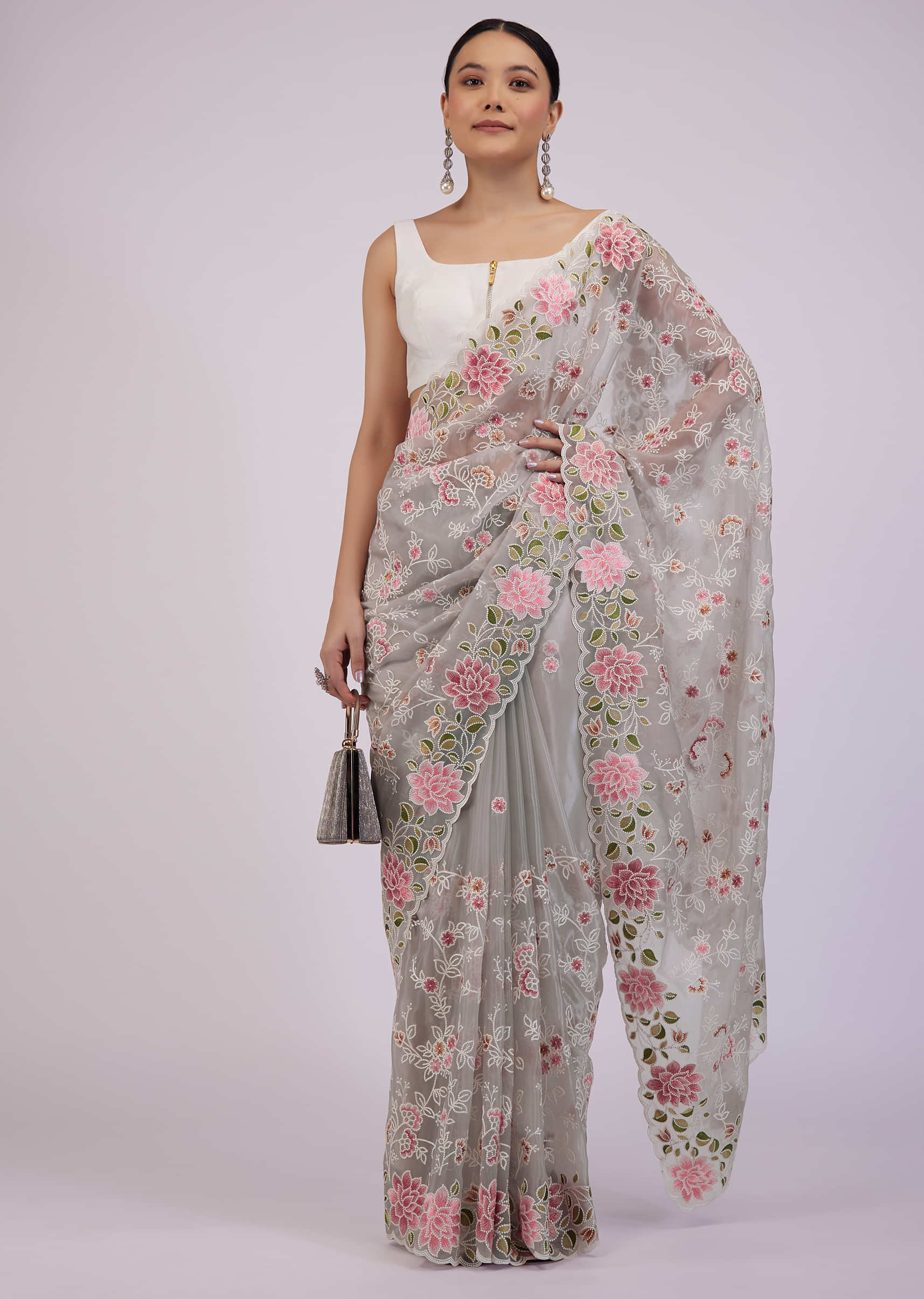 Cloud Grey Saree In Organza With Floral Embroidery