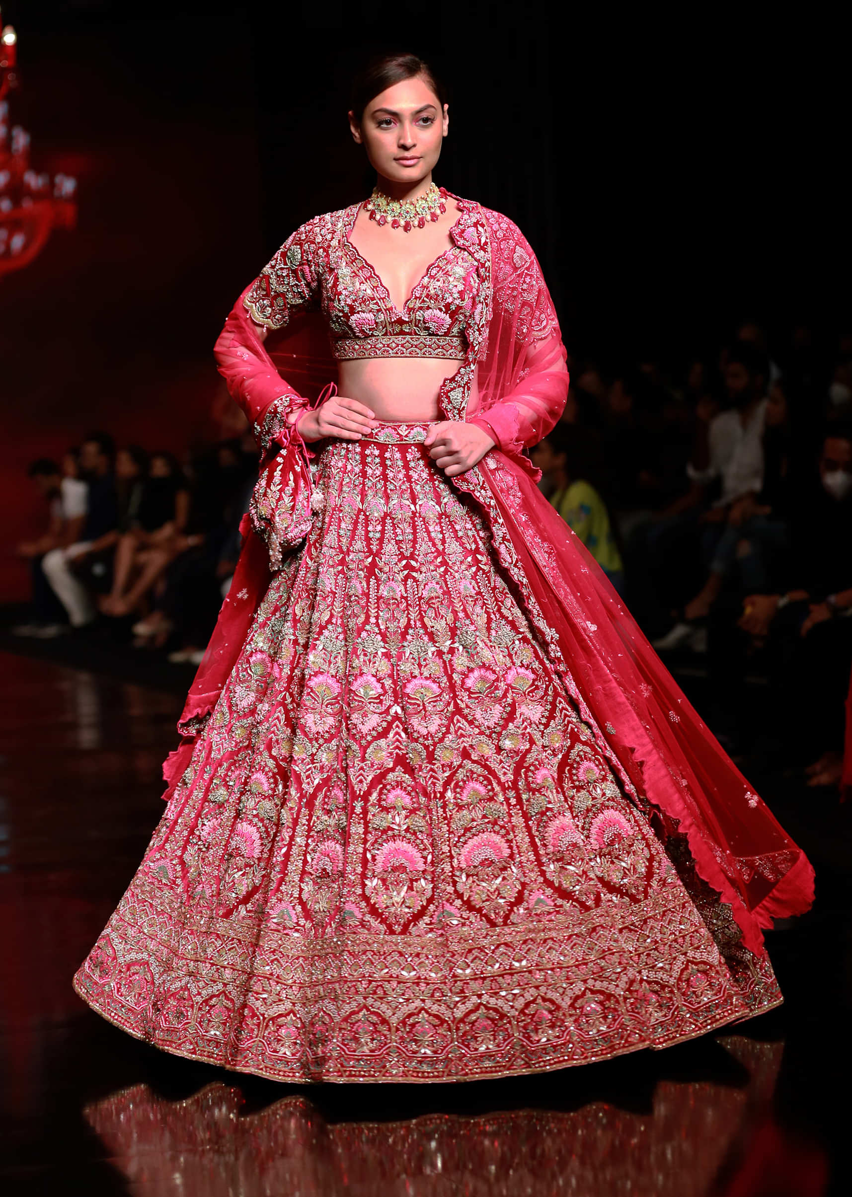 Sangria Velvet Lehenga Choli With Mughal Inspired Hand Embroidered Kalis Using Multi Colored Accents 