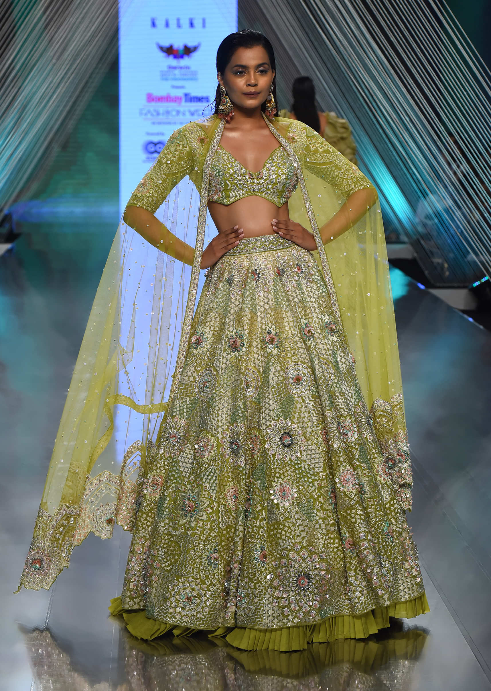 Buy Citrus Green Organza Embroidered Crop Top Lehenga Online