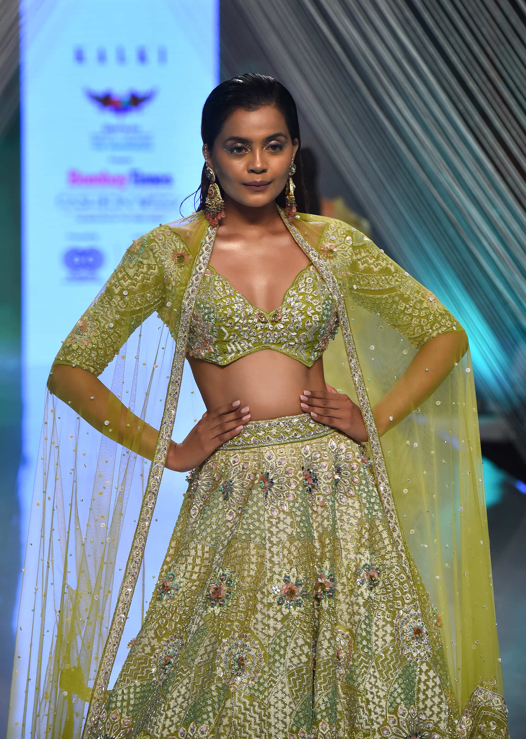 Citrus Green Organza Lehenga with a Crop Top With Resham Embroidery