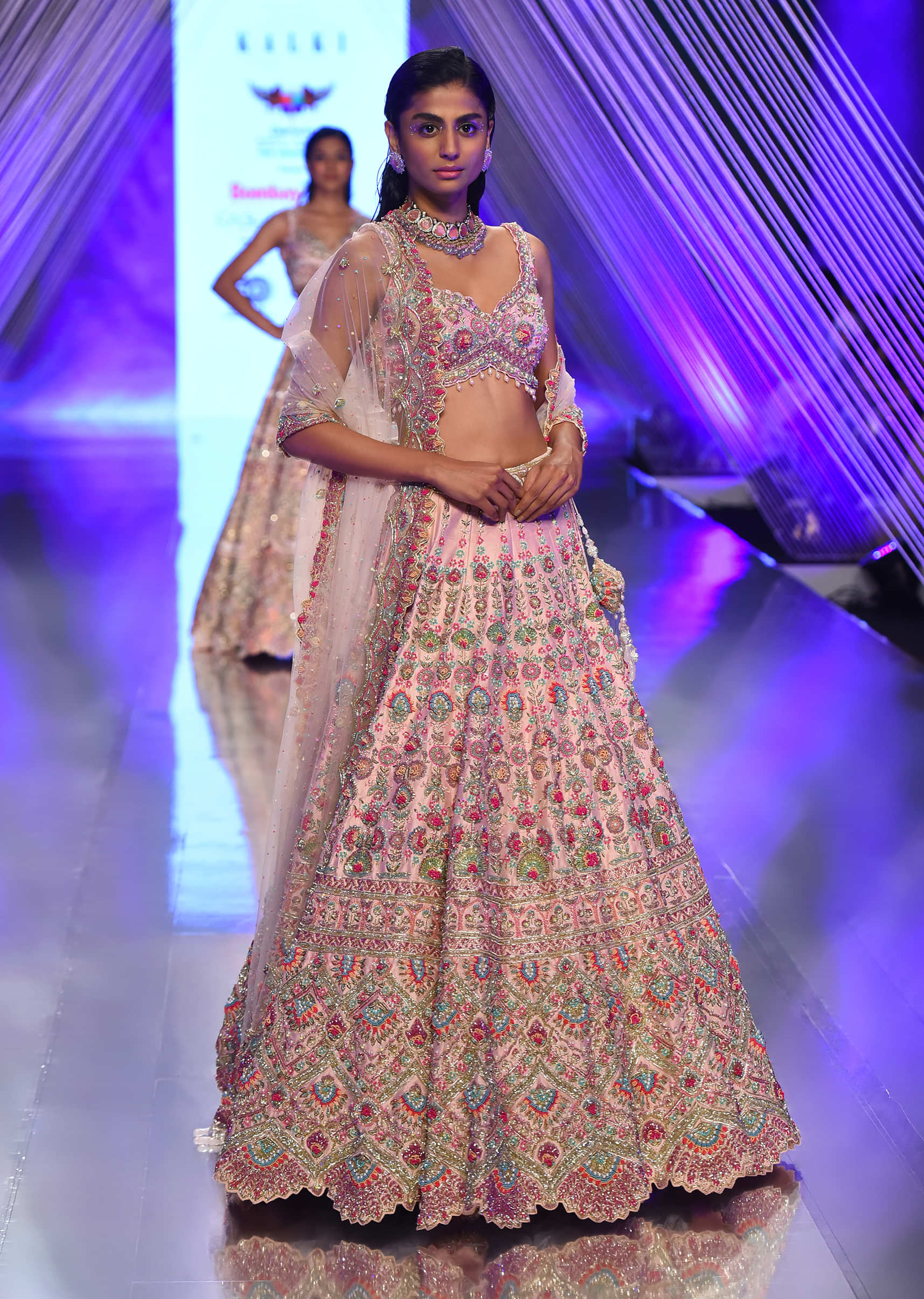 Pastel Pink Lehenga With A Crop Top In Multi-Colored Resham Embroidery, Crop Top Comes In Sleeveless With Scalloped Neckline