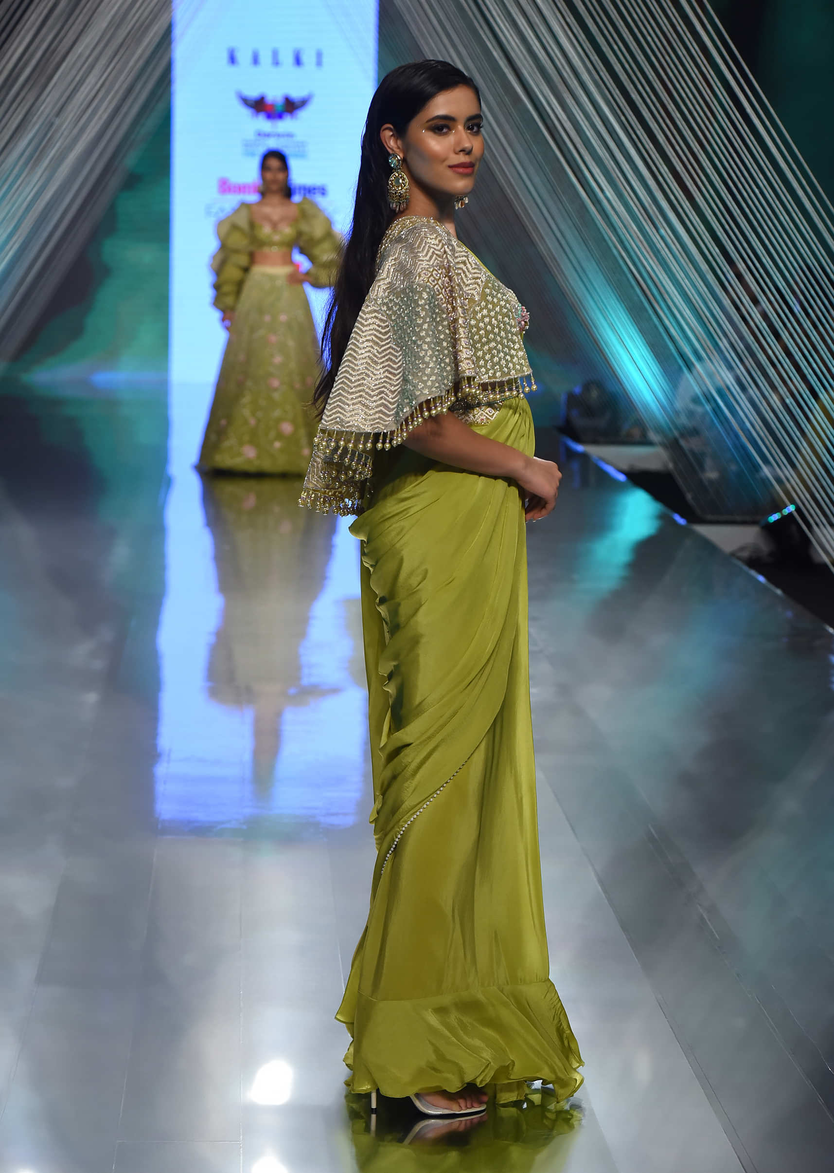 Citrus Green Ready Pleated Saree with Net Cape and V-Neck Crop Top with Hemline Cut Out