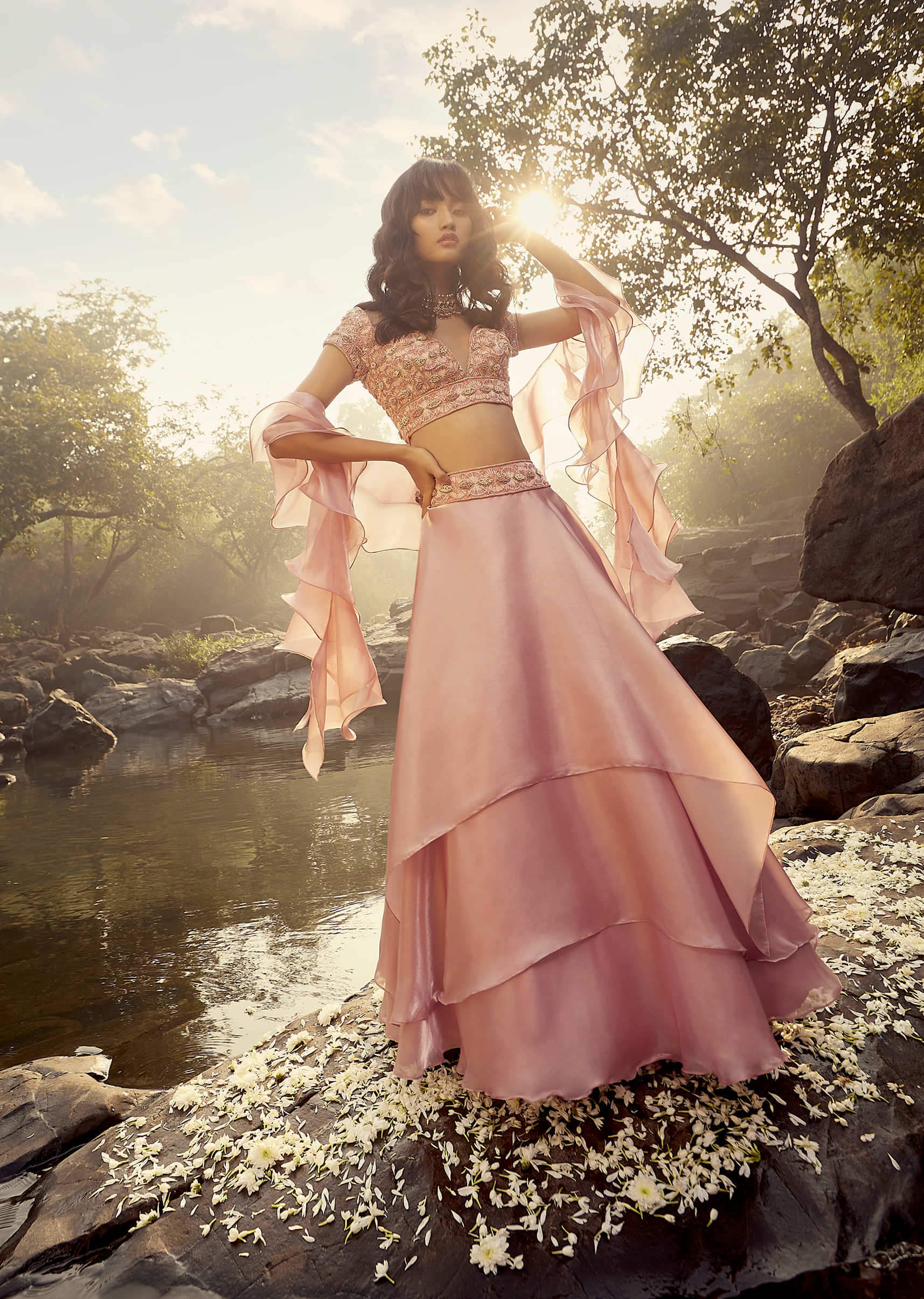 Rose Pink Skirt And Crop Top Set With Asymmetric Layers, Bead Work And Ruffle Dupatta