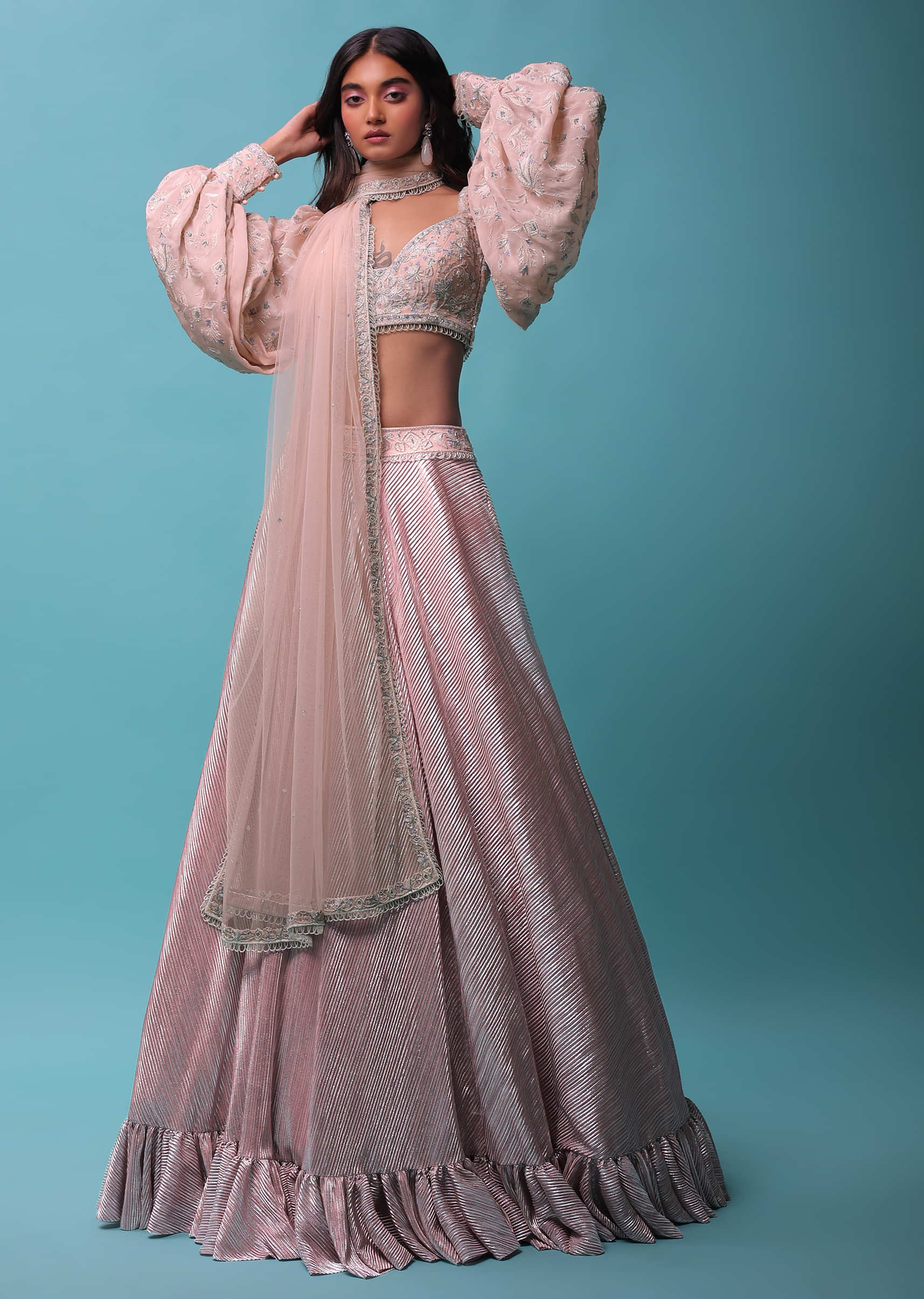 Powder Pink Shimmer Crush Lehenga And Crop Top In Balloon Sleeves With The Matching Dupatta
