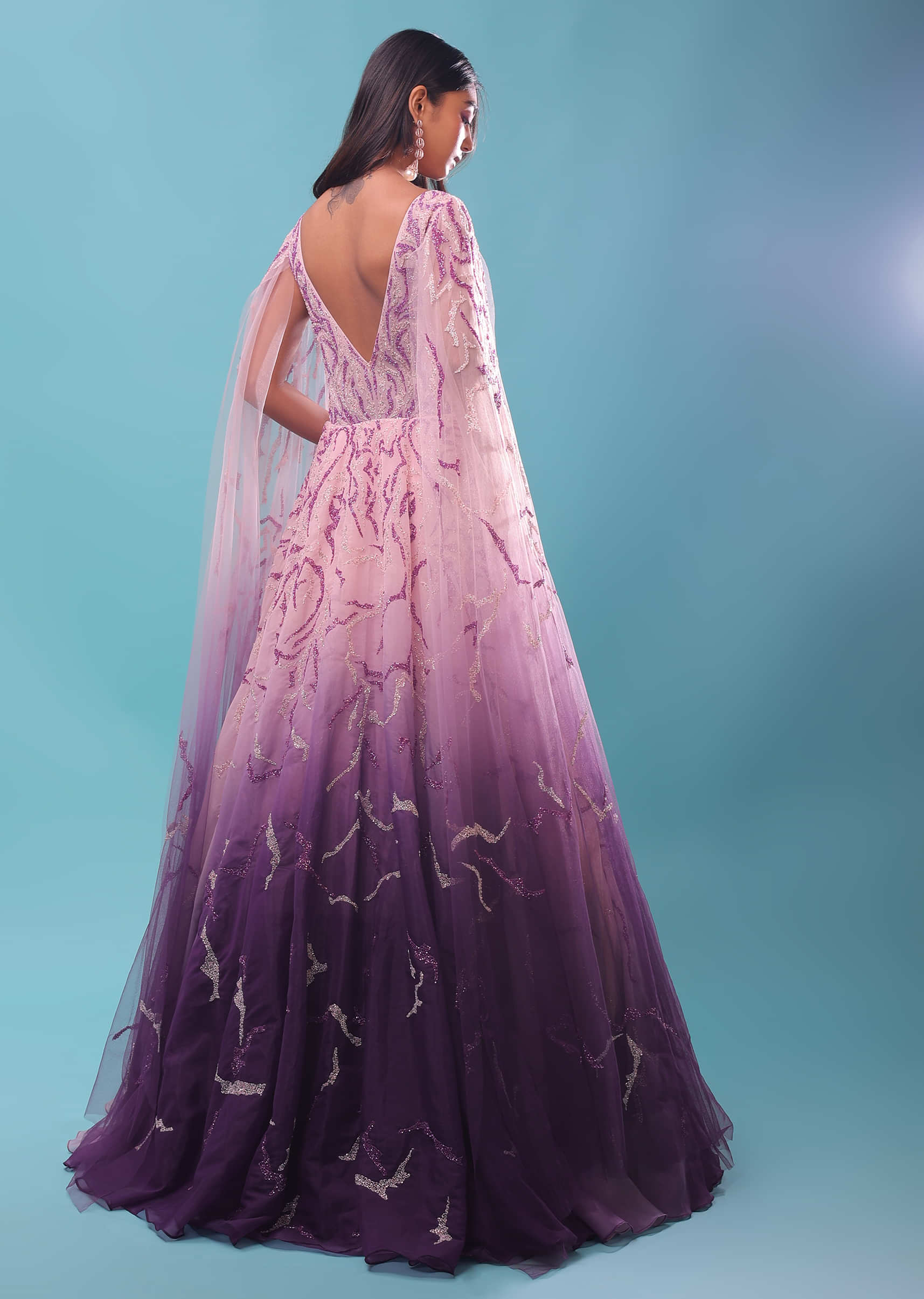 Lavendar Ombre Gown In Cut Dana And Moti Embroidery, Sleeveless With A Long Cape Embroidered Sleeves