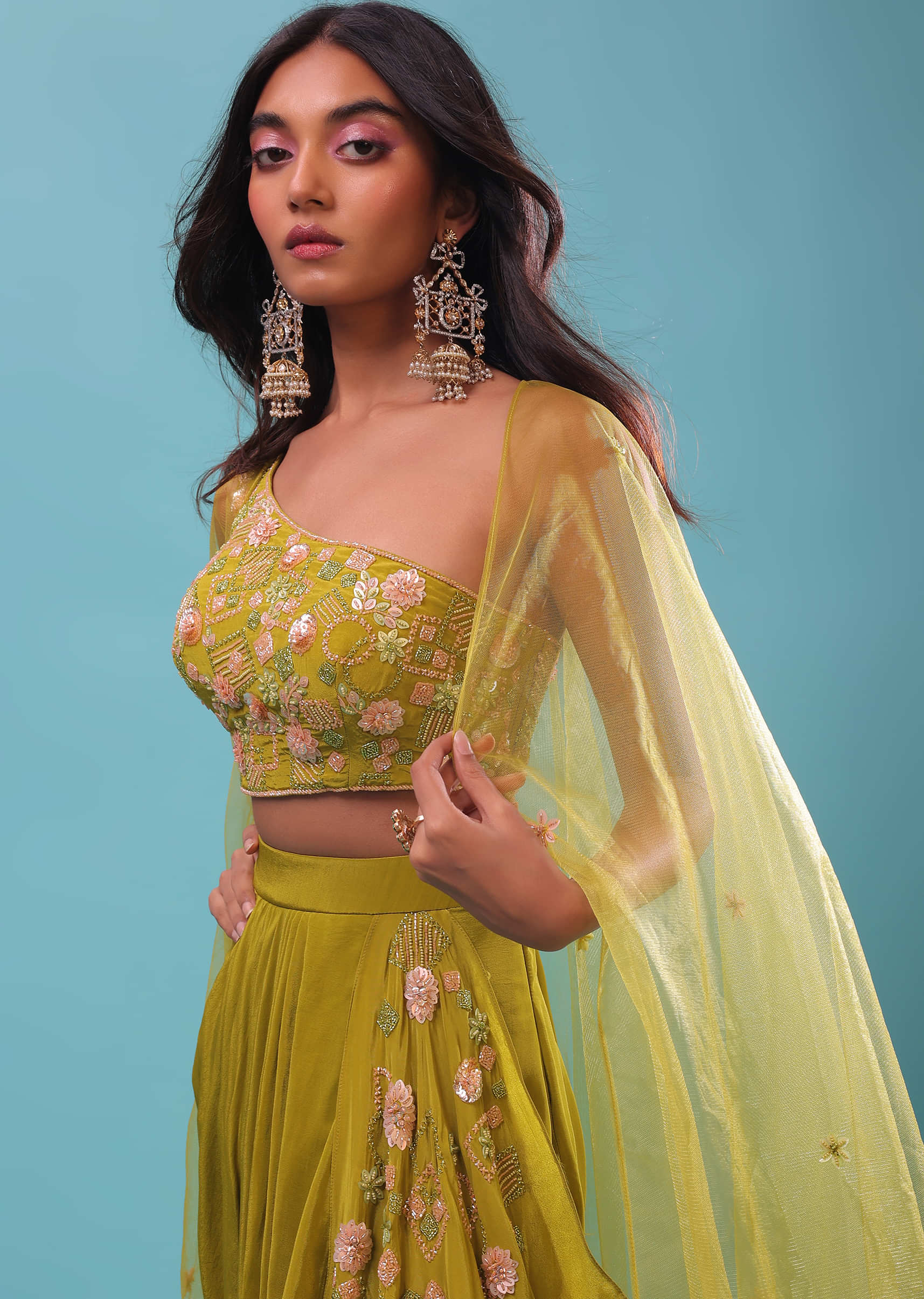 Citrus Green High-Low Dhoti Skirt And A Crop Top Set, Crafted In Crepe With Side Zip Closure