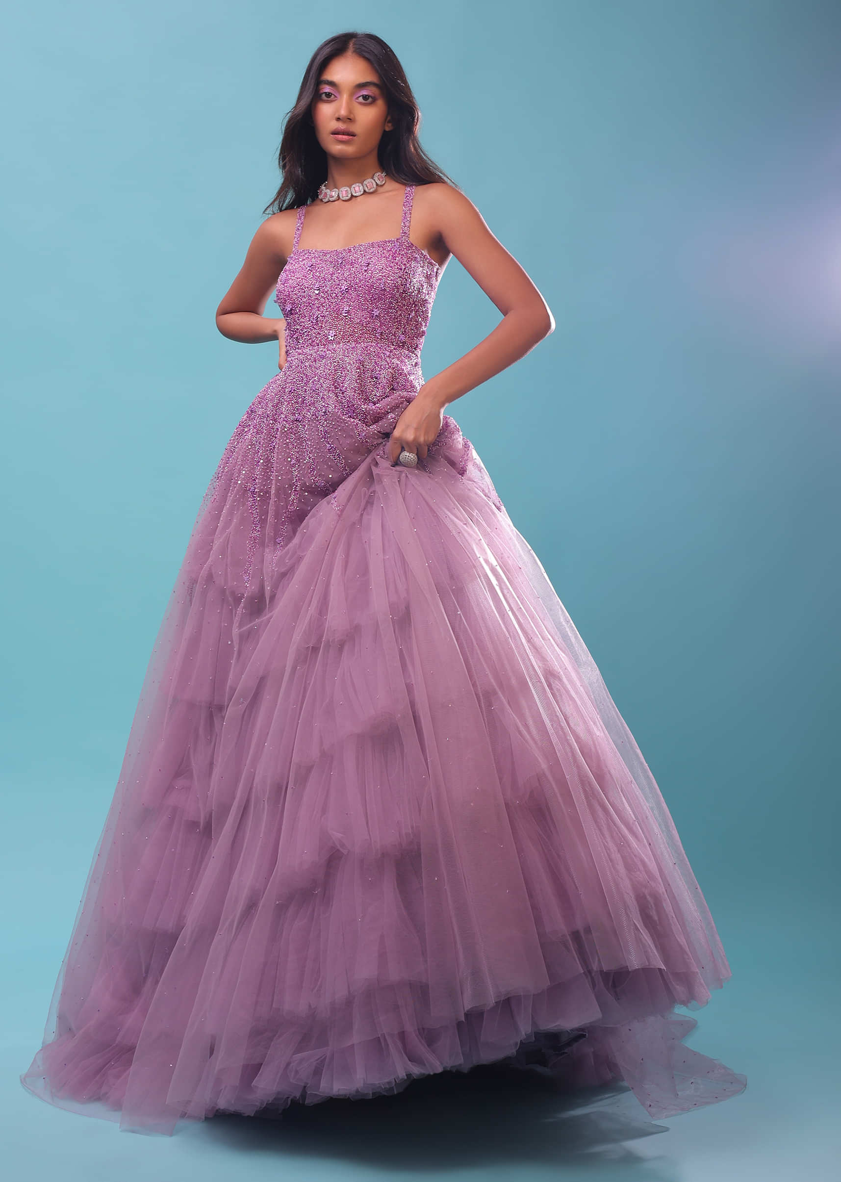 Lilac Sleeveless Gown In Multi-Color Moti Embroidery, Straight Neckline With Padding And Back Hooks Closure
