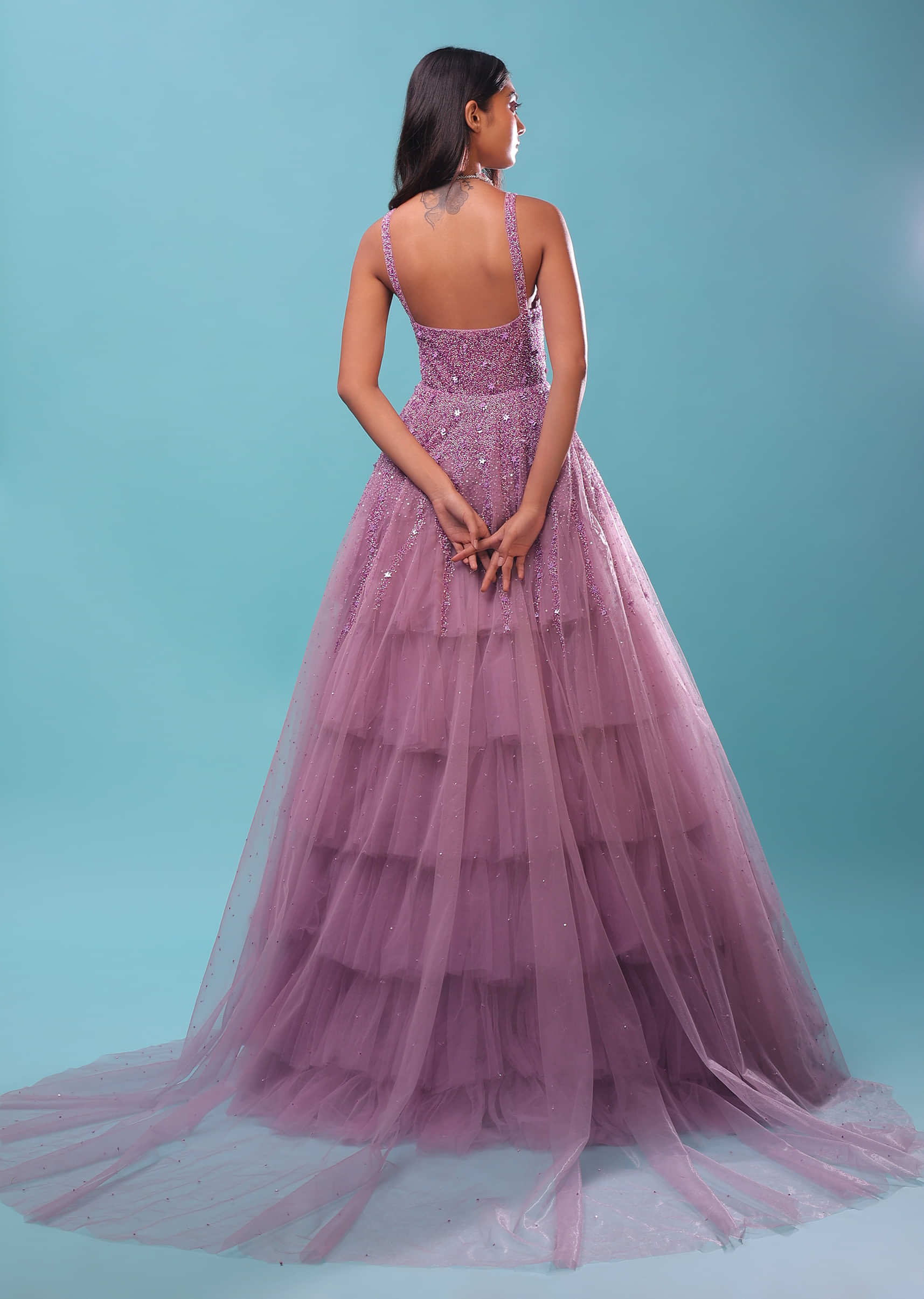 Lilac Sleeveless Gown In Multi-Color Moti Embroidery, Straight Neckline With Padding And Back Hooks Closure