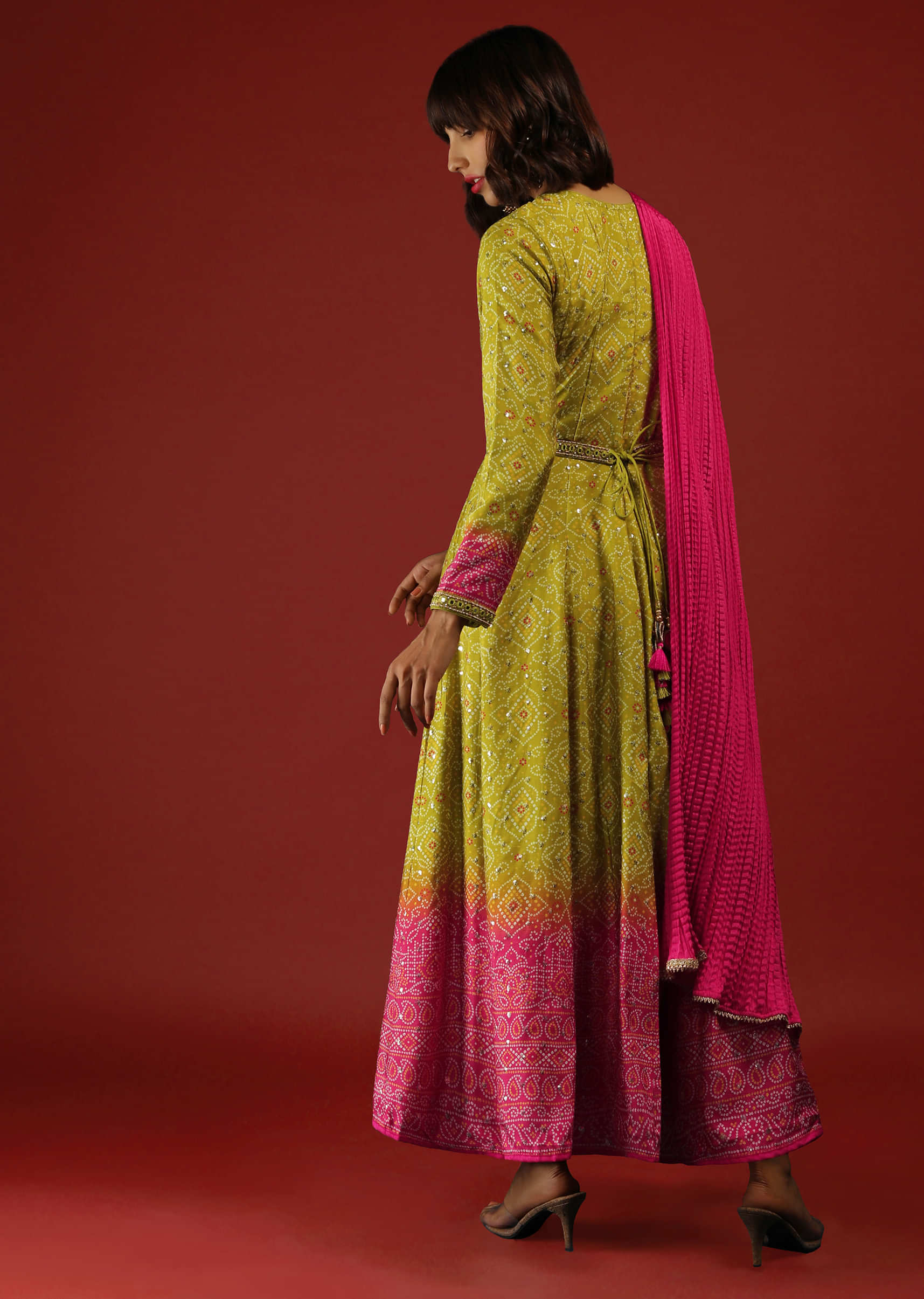 Lime Green And Pink Shaded Anarkali Suit With Front Slit And Bandhani Print  