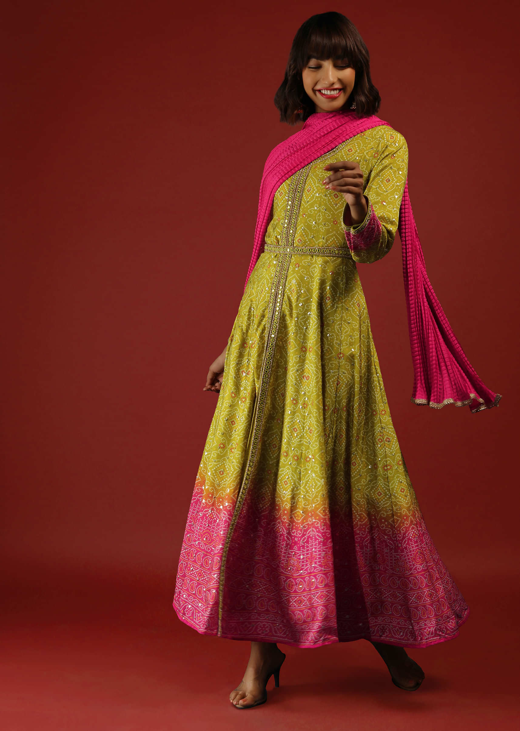 Lime Green And Pink Shaded Anarkali Suit With Front Slit And Bandhani Print  