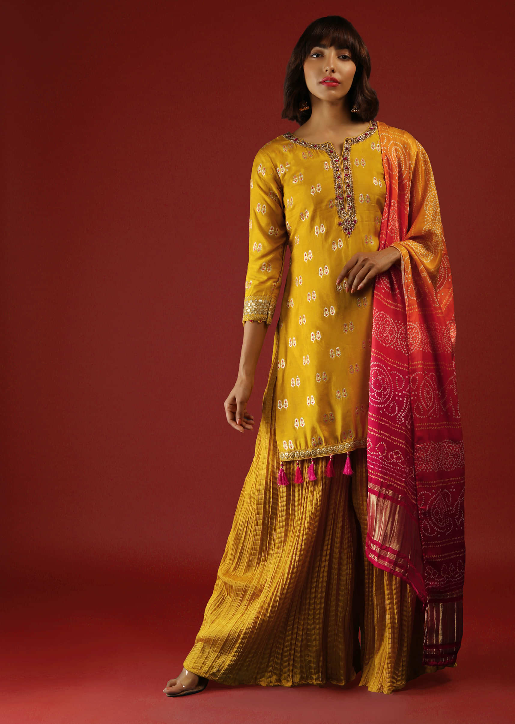Mustard Palazzo Suit With Woven Floral Buttis And Contrasting Shaded Bandhani Dupatta