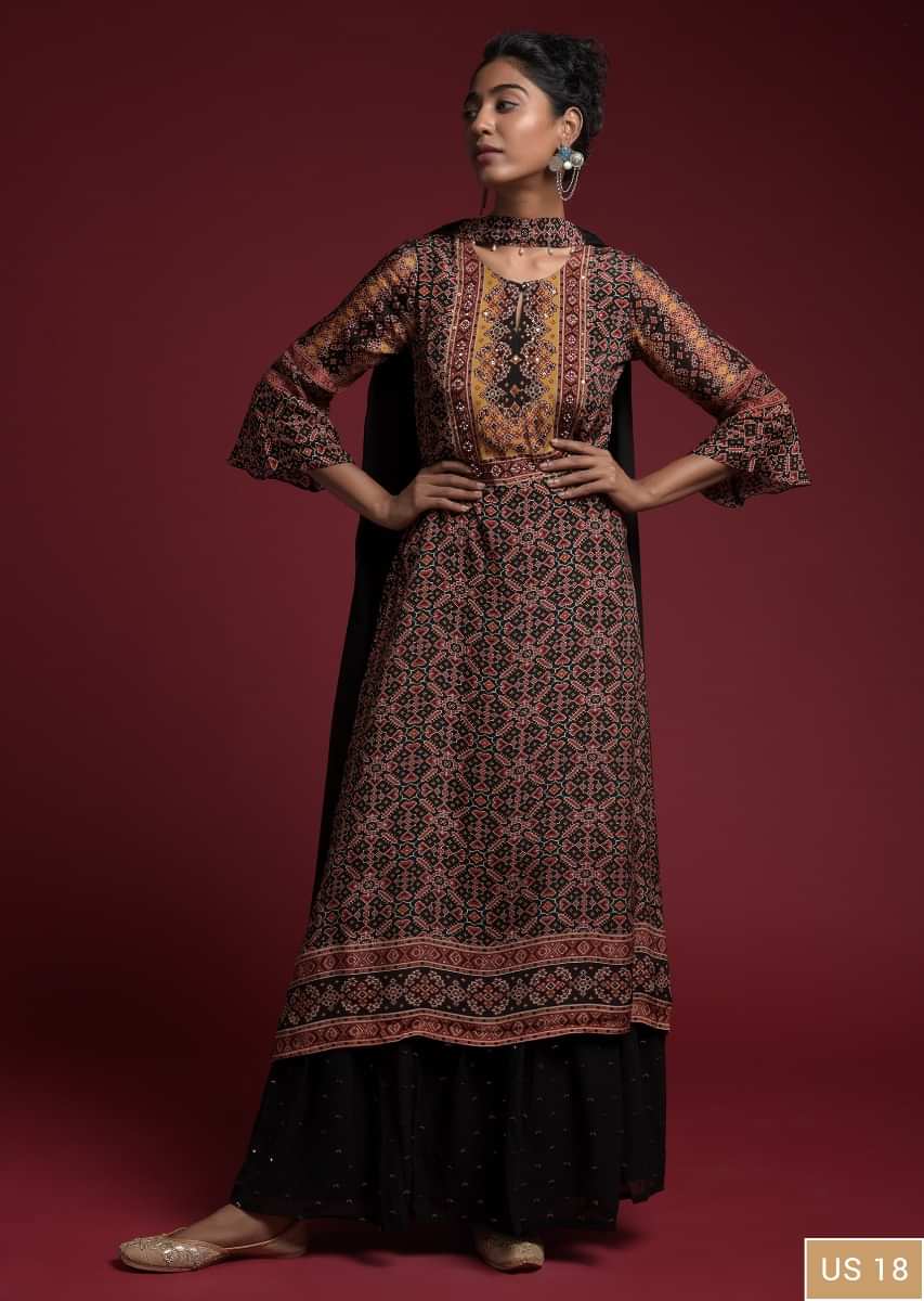 Black Straight Cut Suit In Crepe With Patola Print And Attached Plain Black Underlayer  