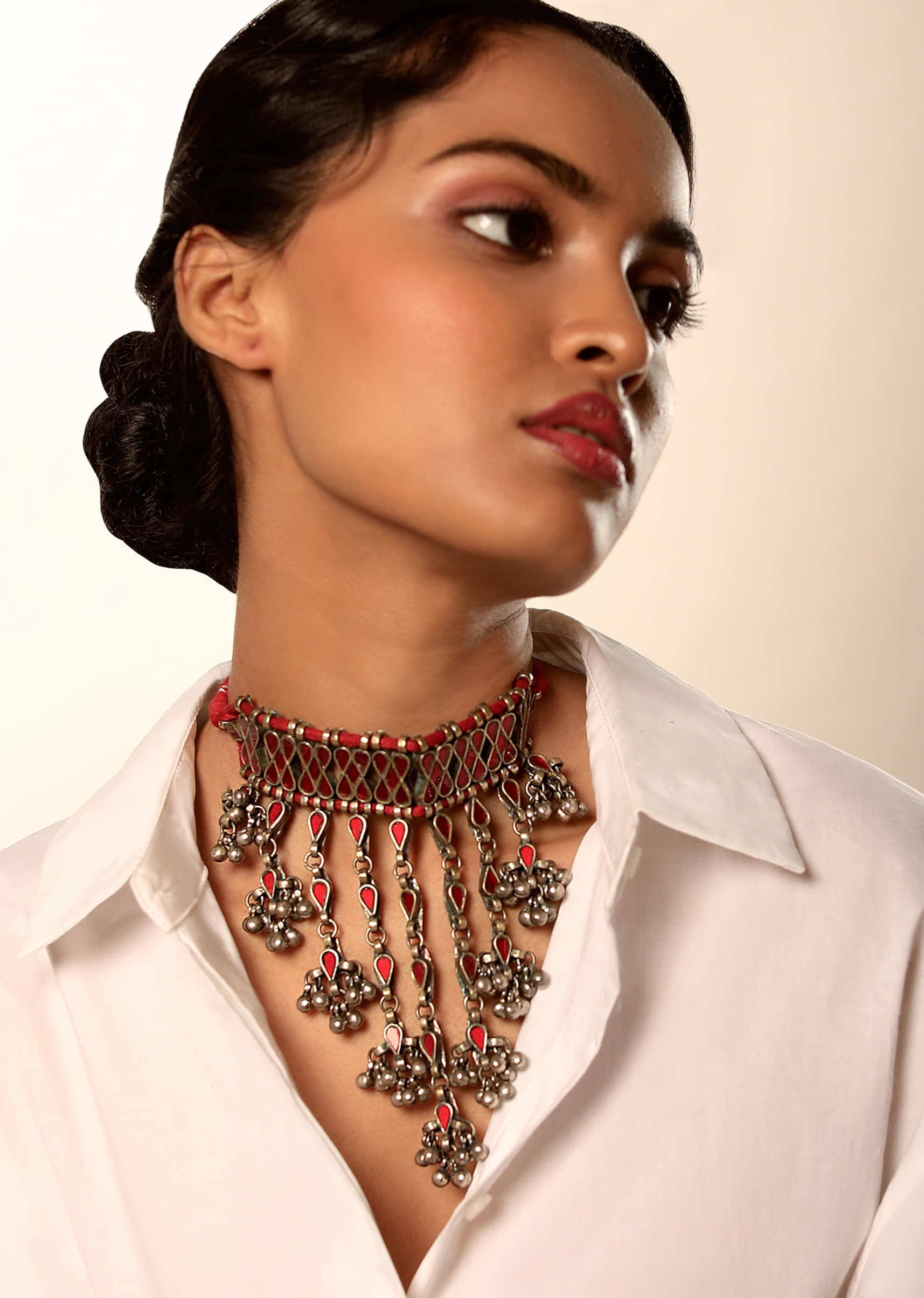 Oxidised Choker Necklace With Red Glass Work And Dangling Fringe Detailing With Ghungru Tassels On The End 